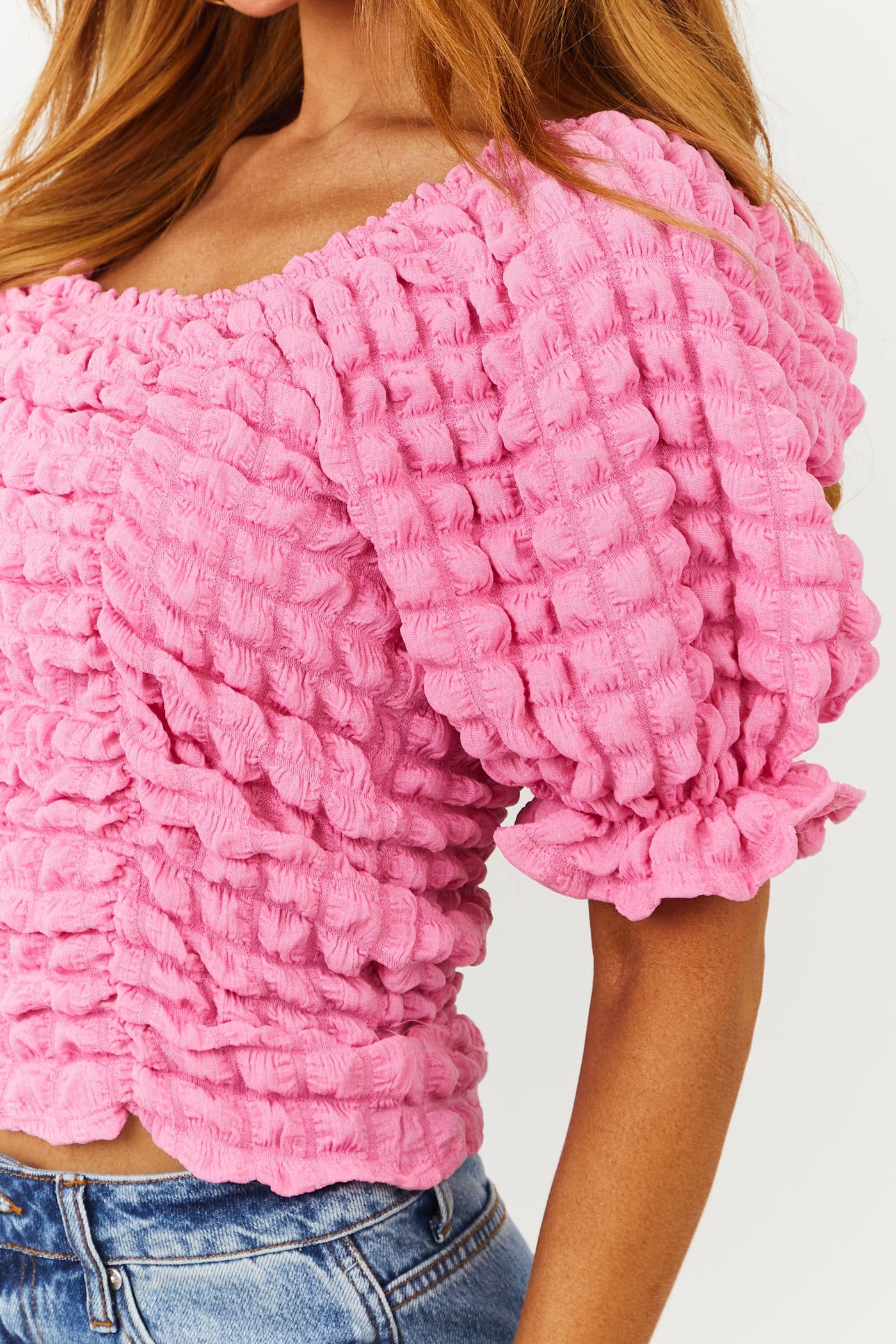 Bubblegum Square Neck Puffy Textured Blouse