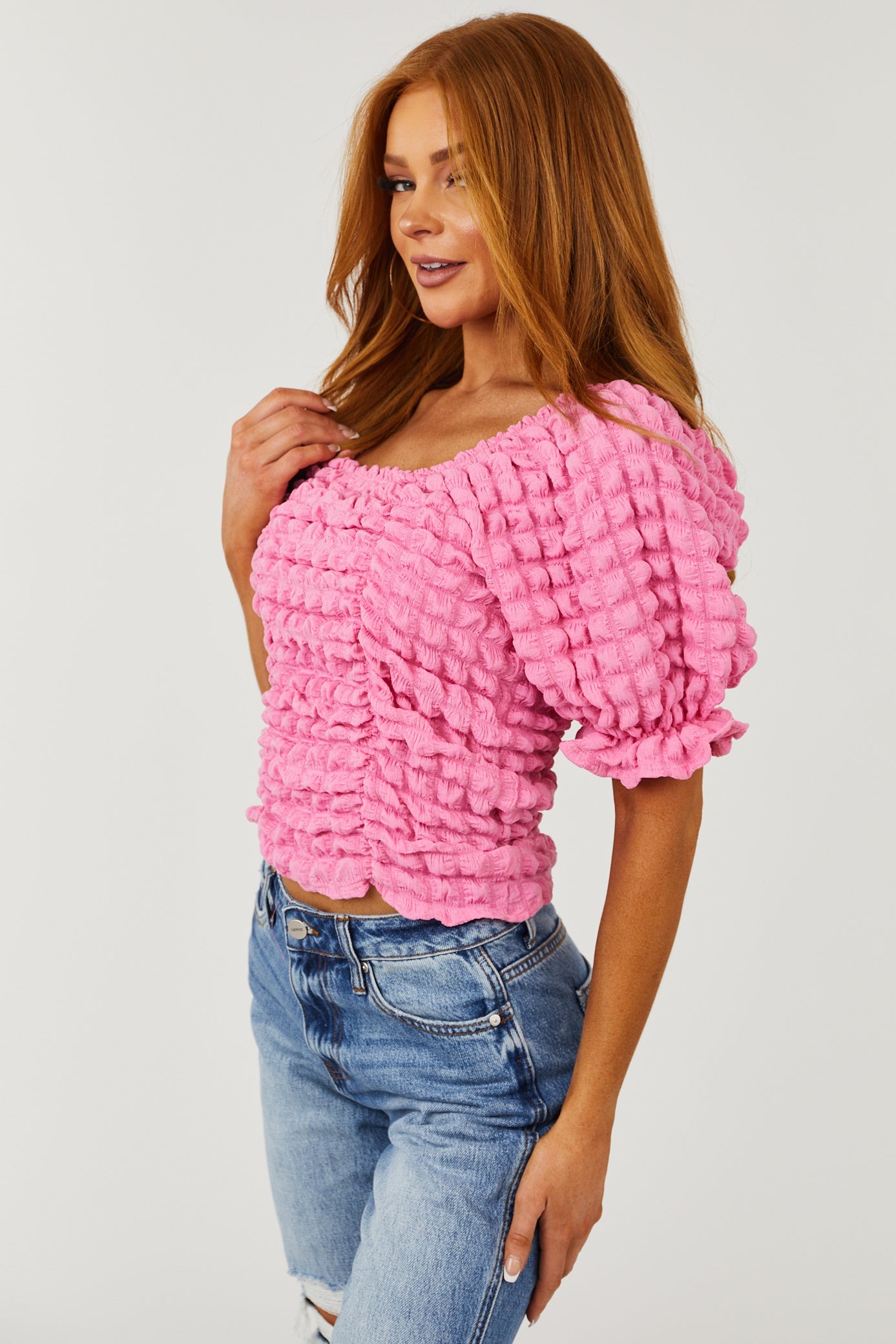 Bubblegum Square Neck Puffy Textured Blouse