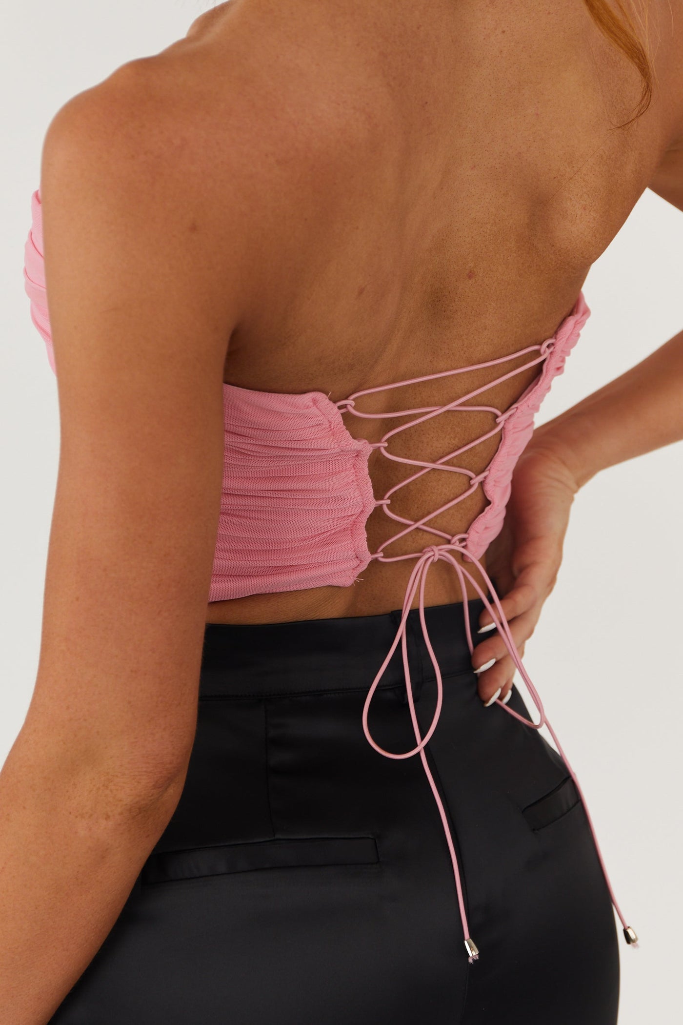 Bubblegum Strapless Mesh Corset Crop Top