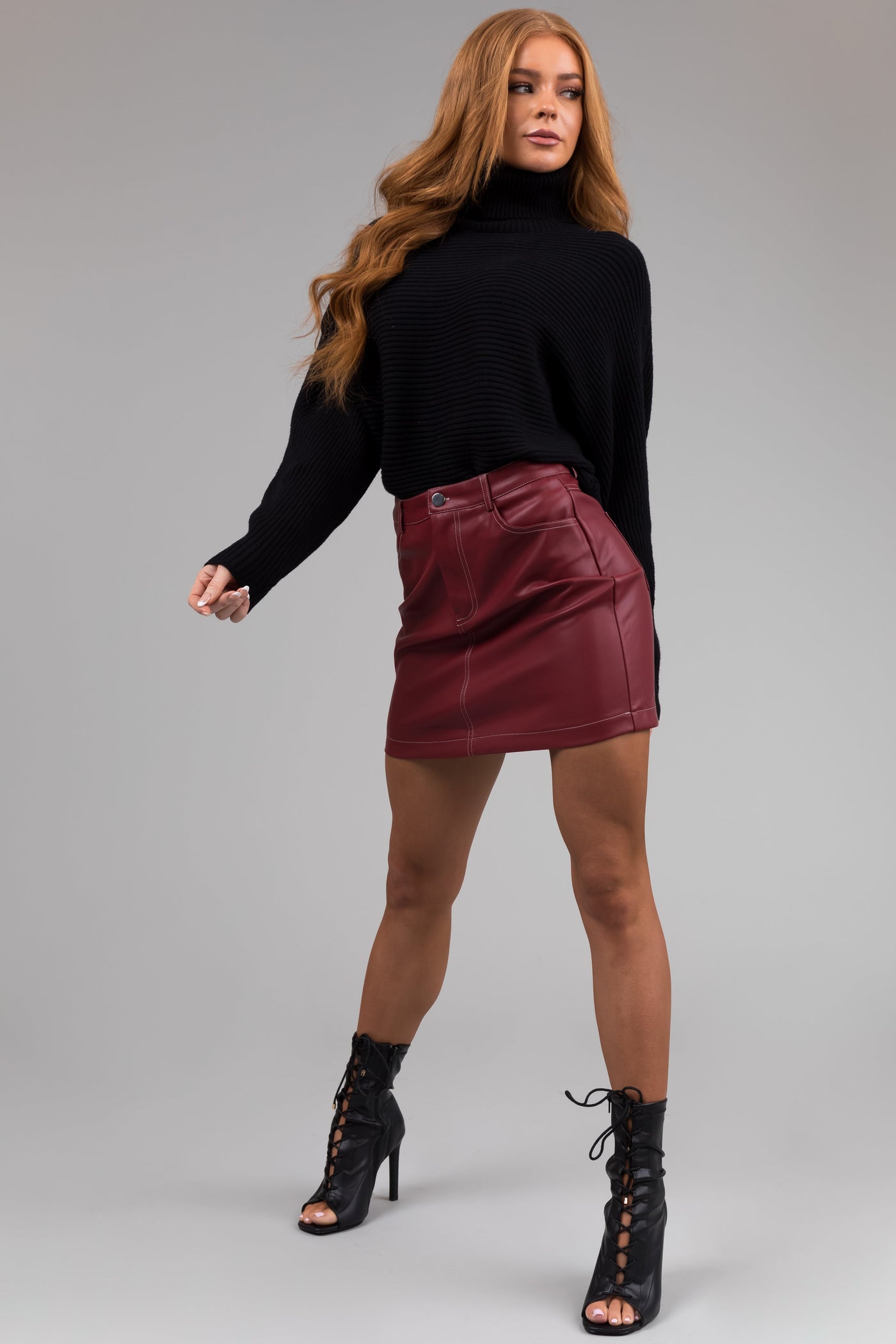Burgundy Contrast Stitch Pleather Mini Skirt