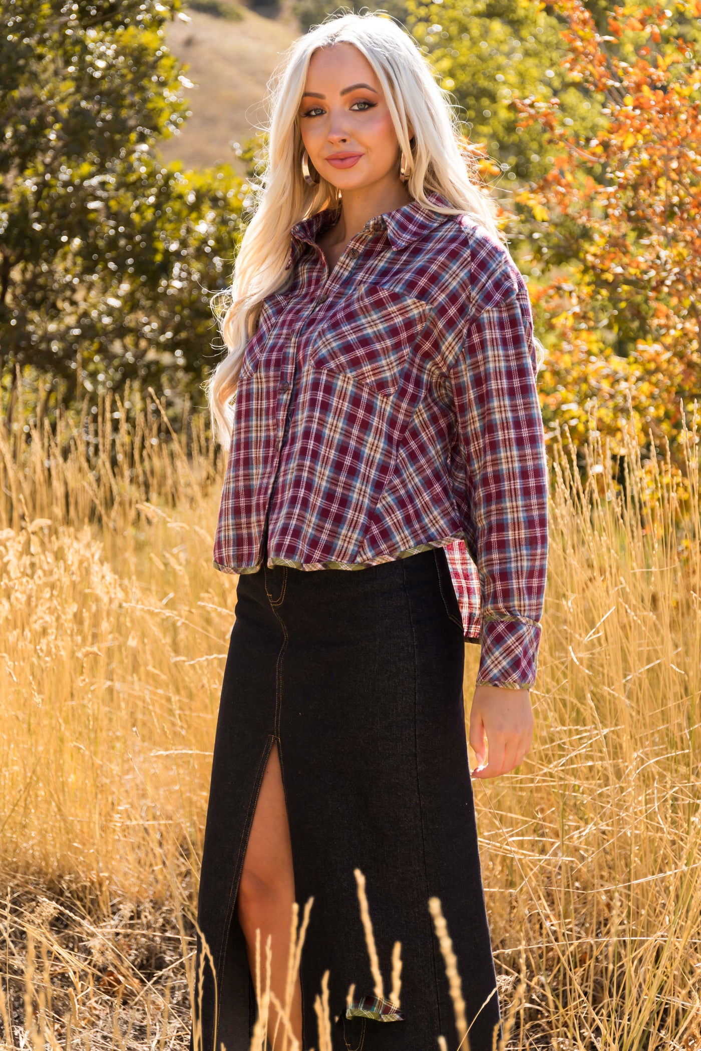 Burgundy Plaid Double Chest Pocket Soft Flannel