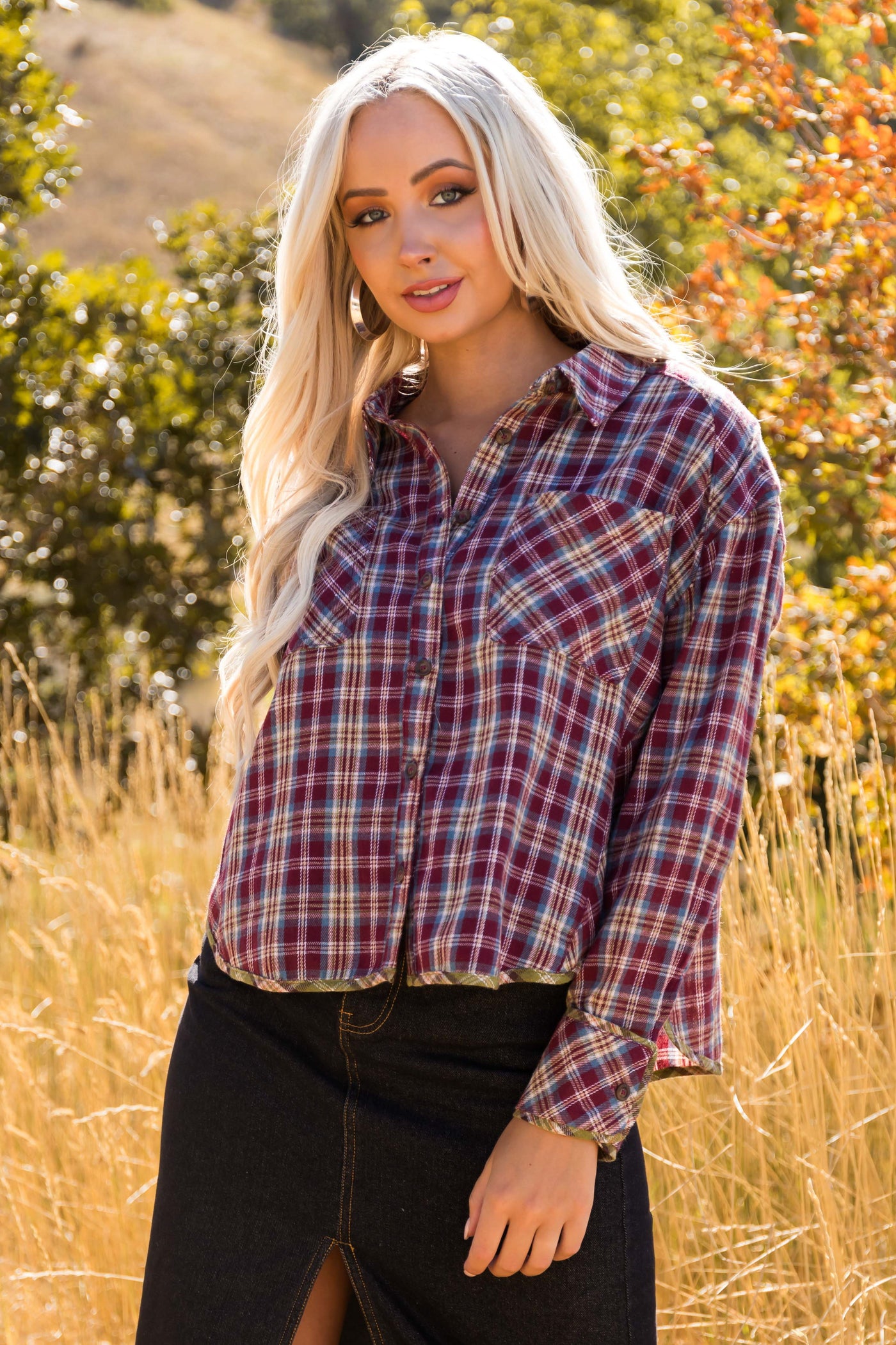 Burgundy Plaid Double Chest Pocket Soft Flannel