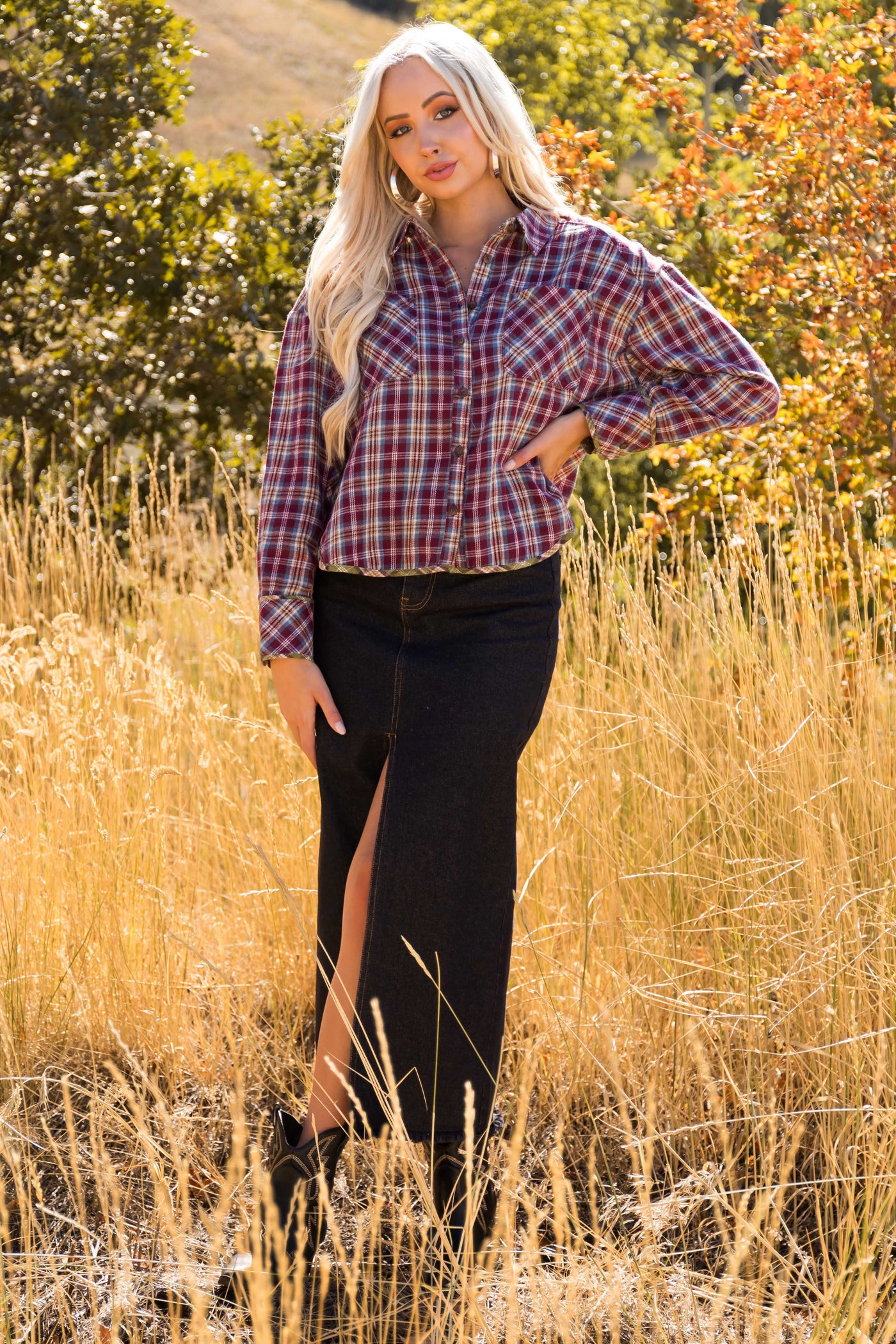 Burgundy Plaid Double Chest Pocket Soft Flannel