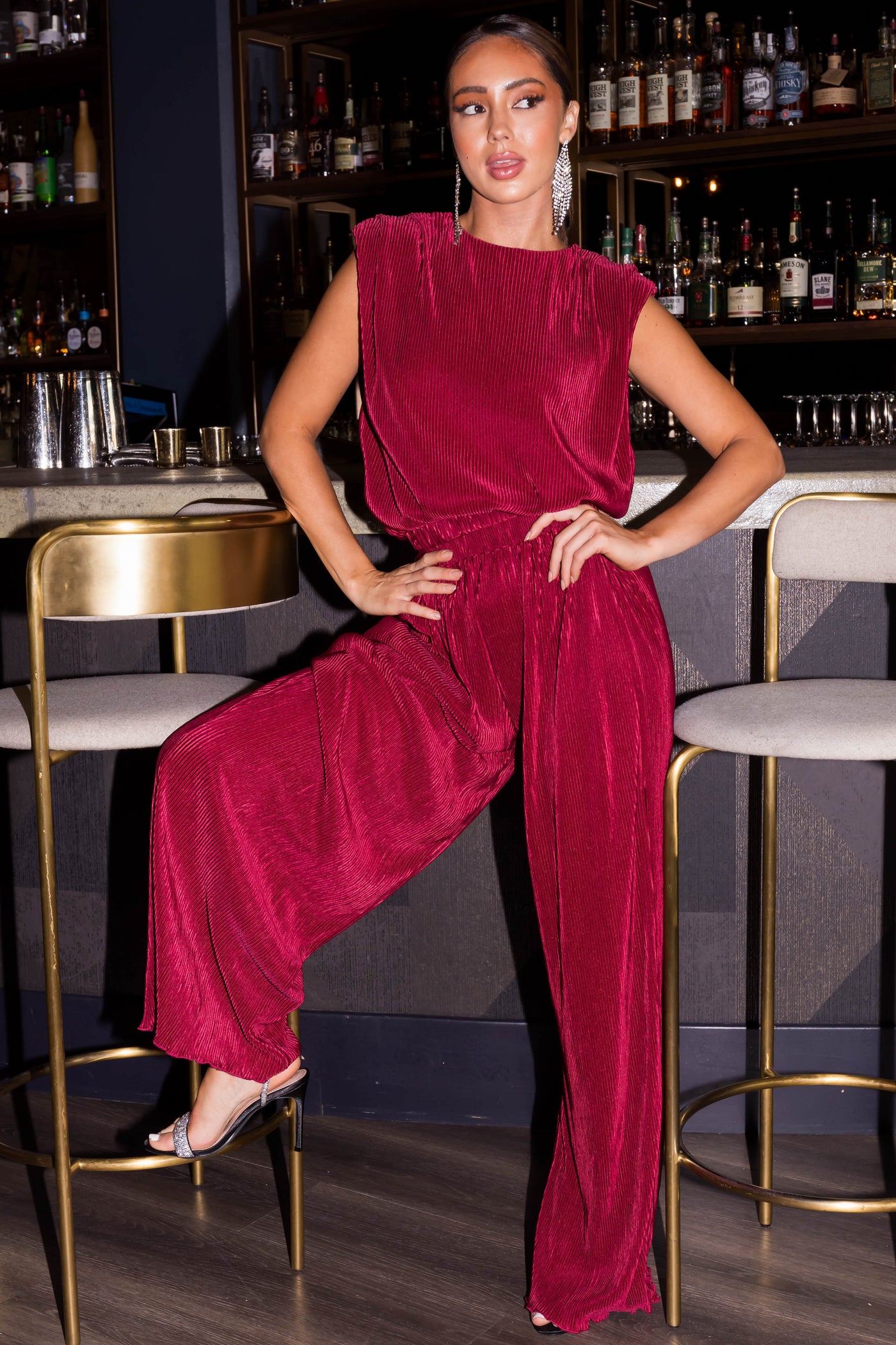 Burgundy Plisse Elastic Waistband Flowy Pants