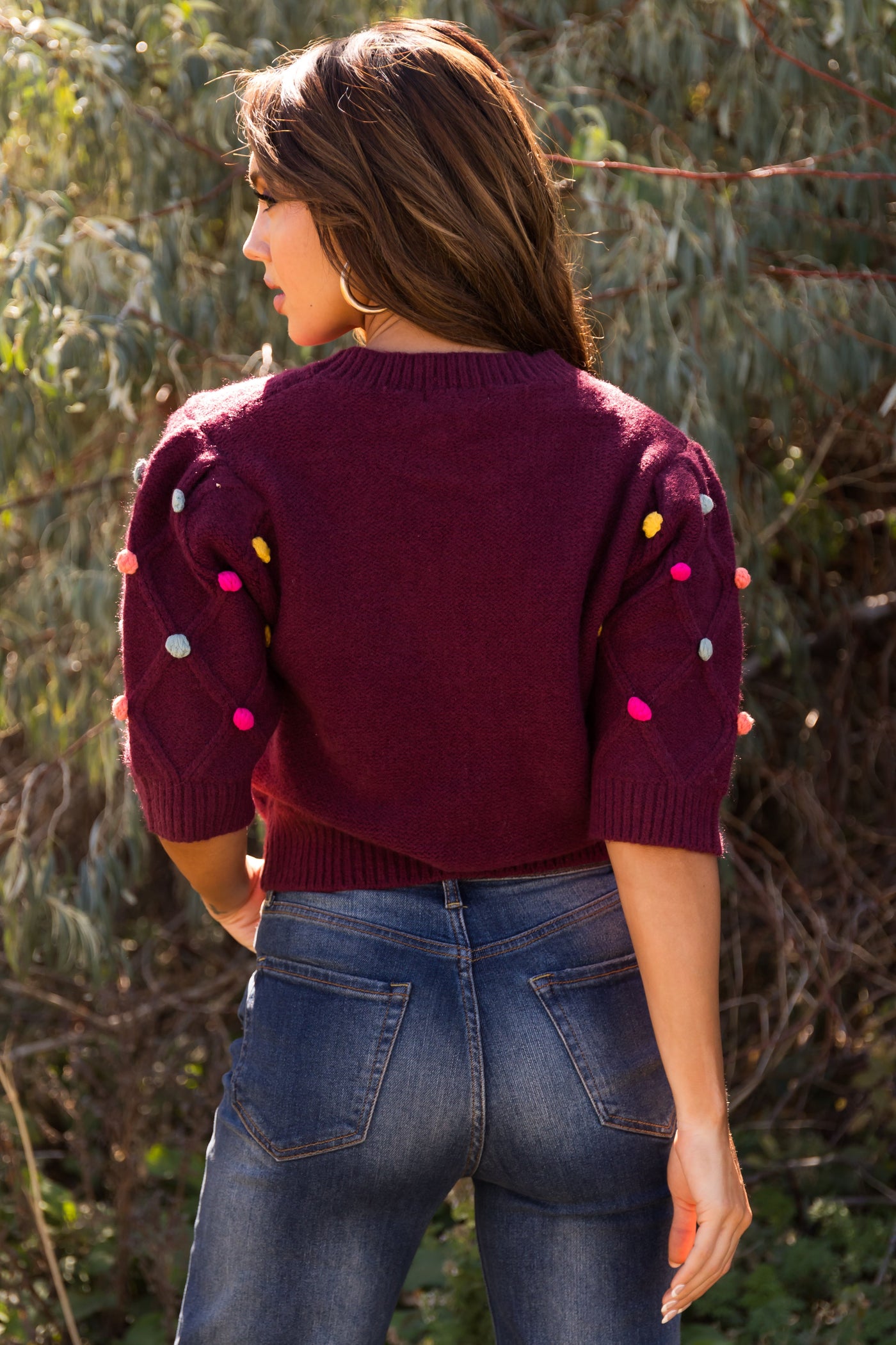 Burgundy Pom Pom Mid Sleeve Sweater