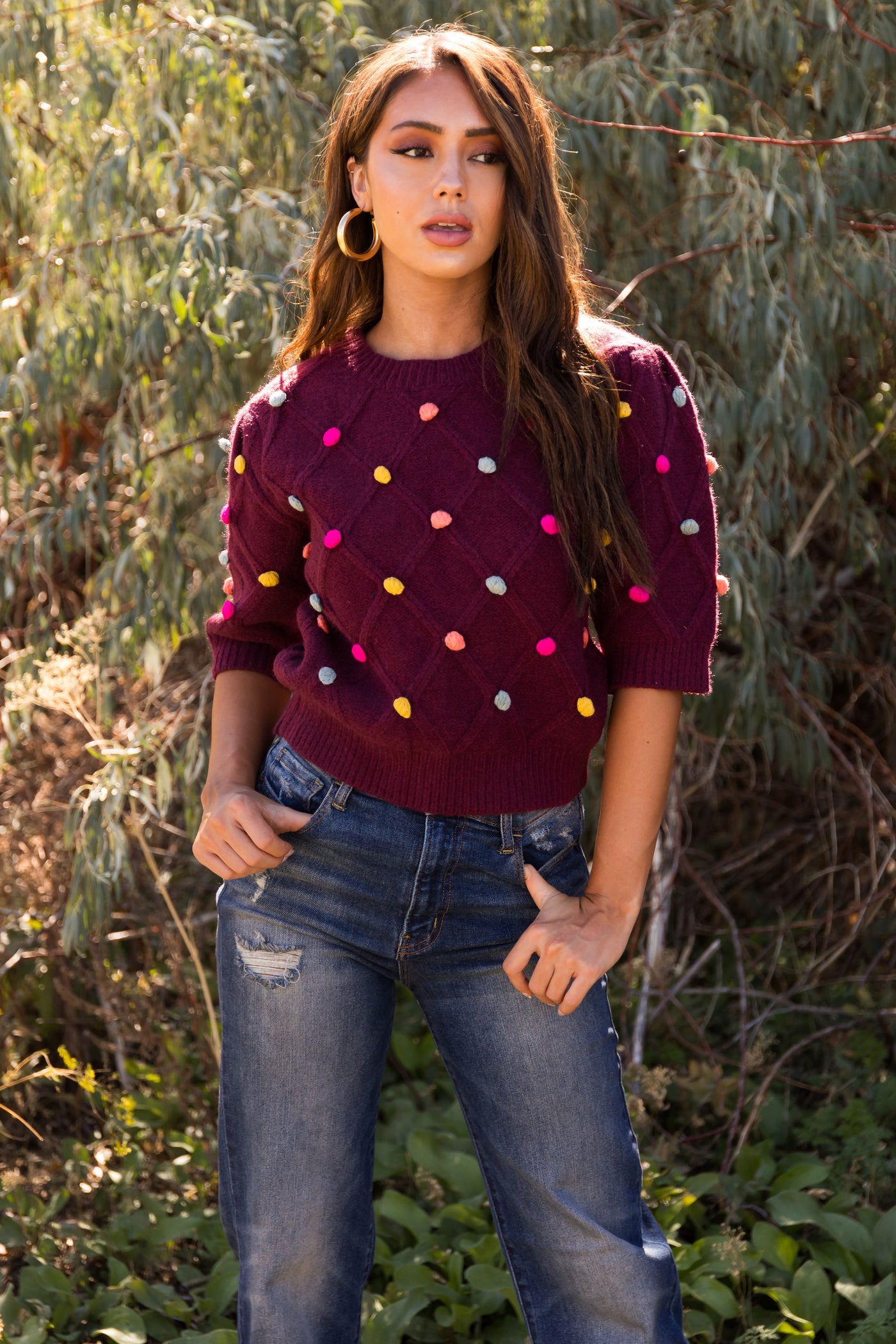 Burgundy Pom Pom Mid Sleeve Sweater