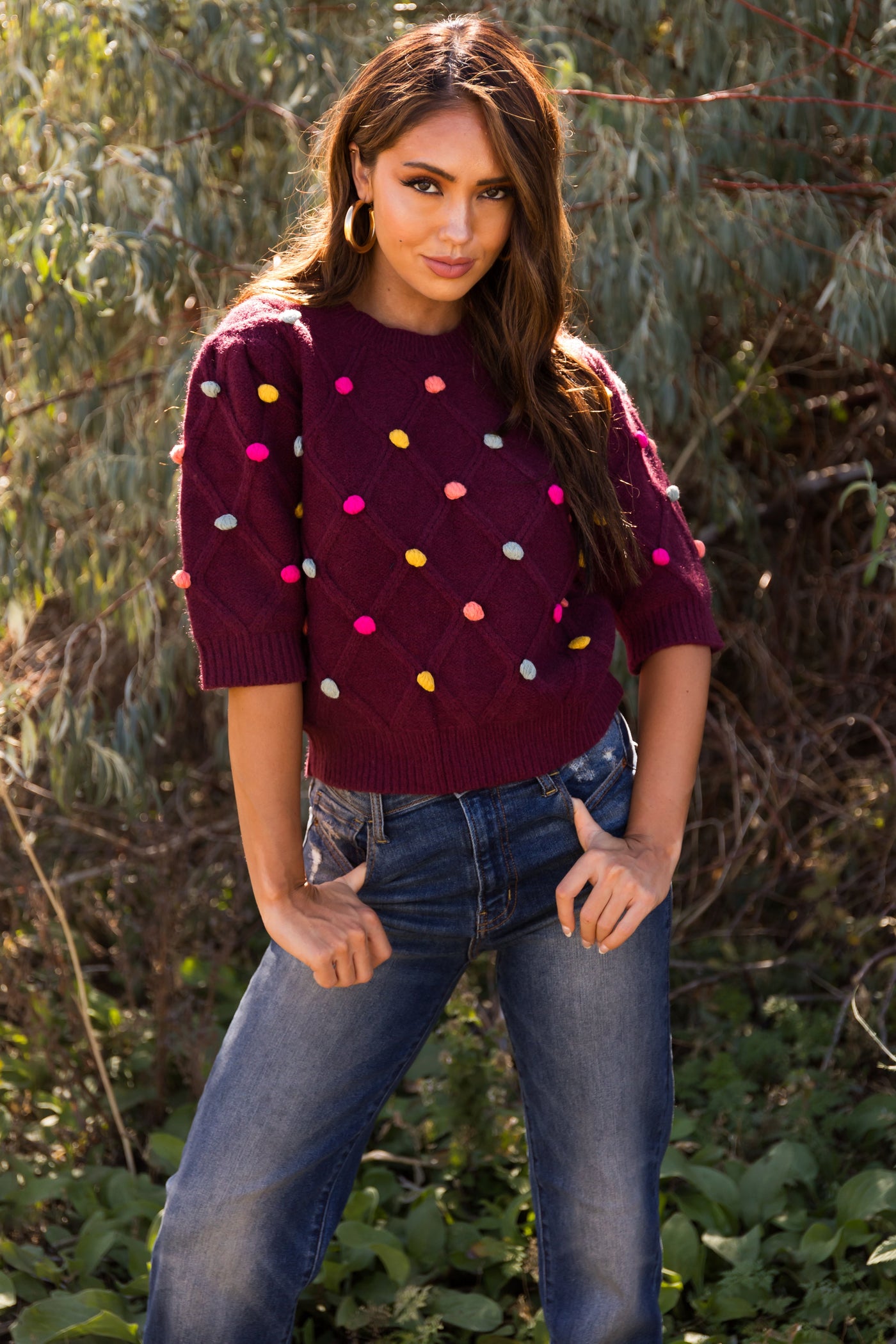 Burgundy Pom Pom Mid Sleeve Sweater