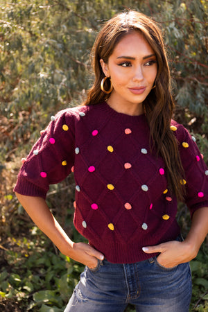 Burgundy Pom Pom Mid Sleeve Sweater