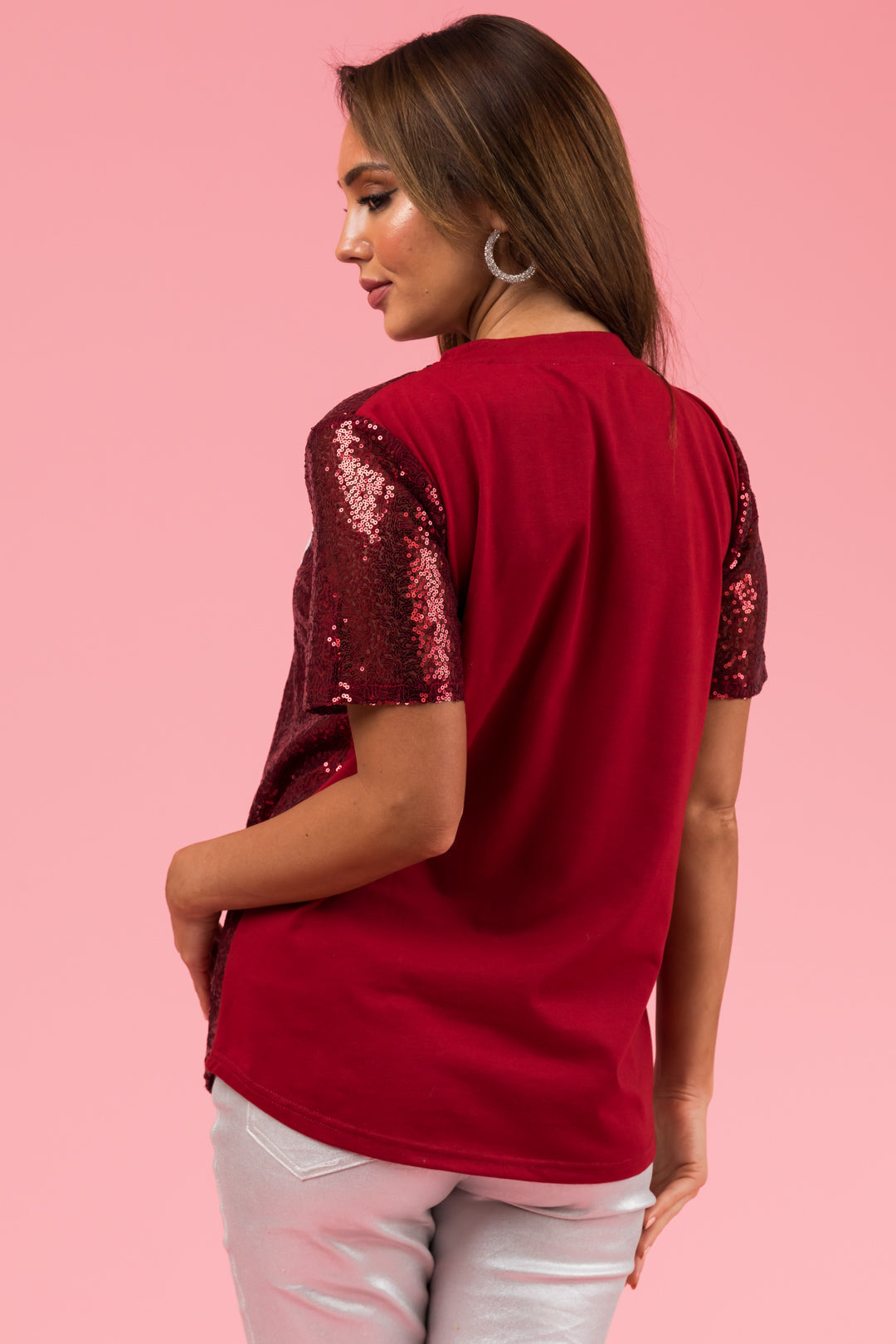 Burgundy Sequined 'merry' Short Sleeve Top