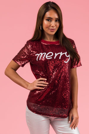 Burgundy Sequined 'merry' Short Sleeve Top