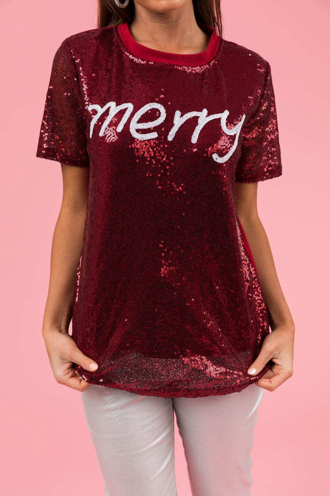 Burgundy Sequined 'merry' Short Sleeve Top