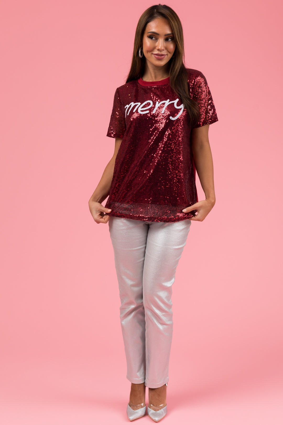 Burgundy Sequined 'merry' Short Sleeve Top
