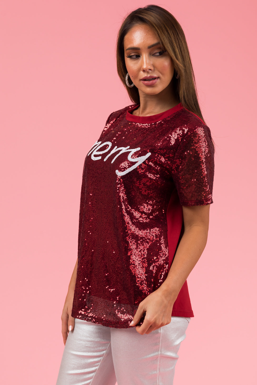 Burgundy Sequined 'merry' Short Sleeve Top