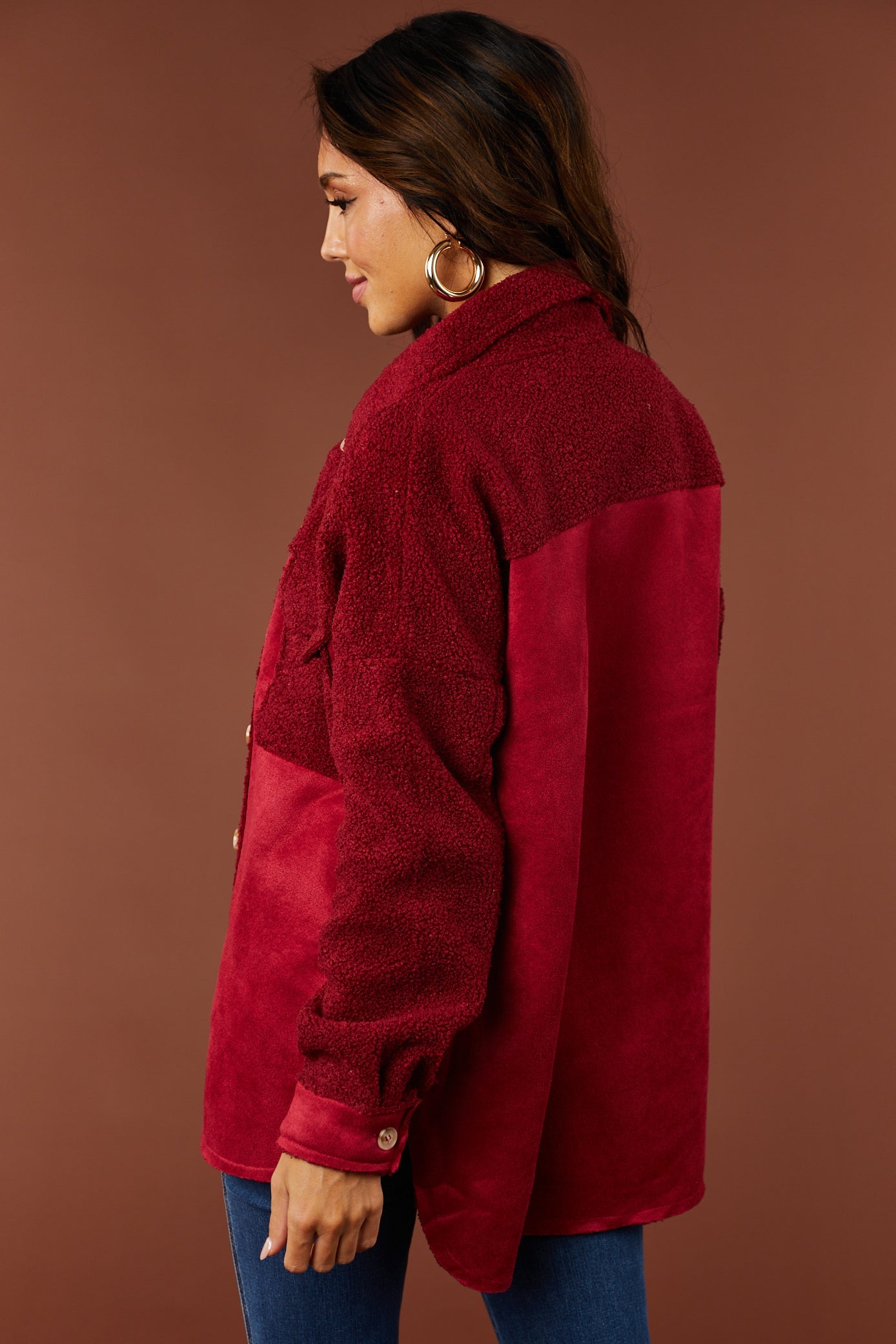 Burgundy Sueded and Sherpa Button Down Shacket
