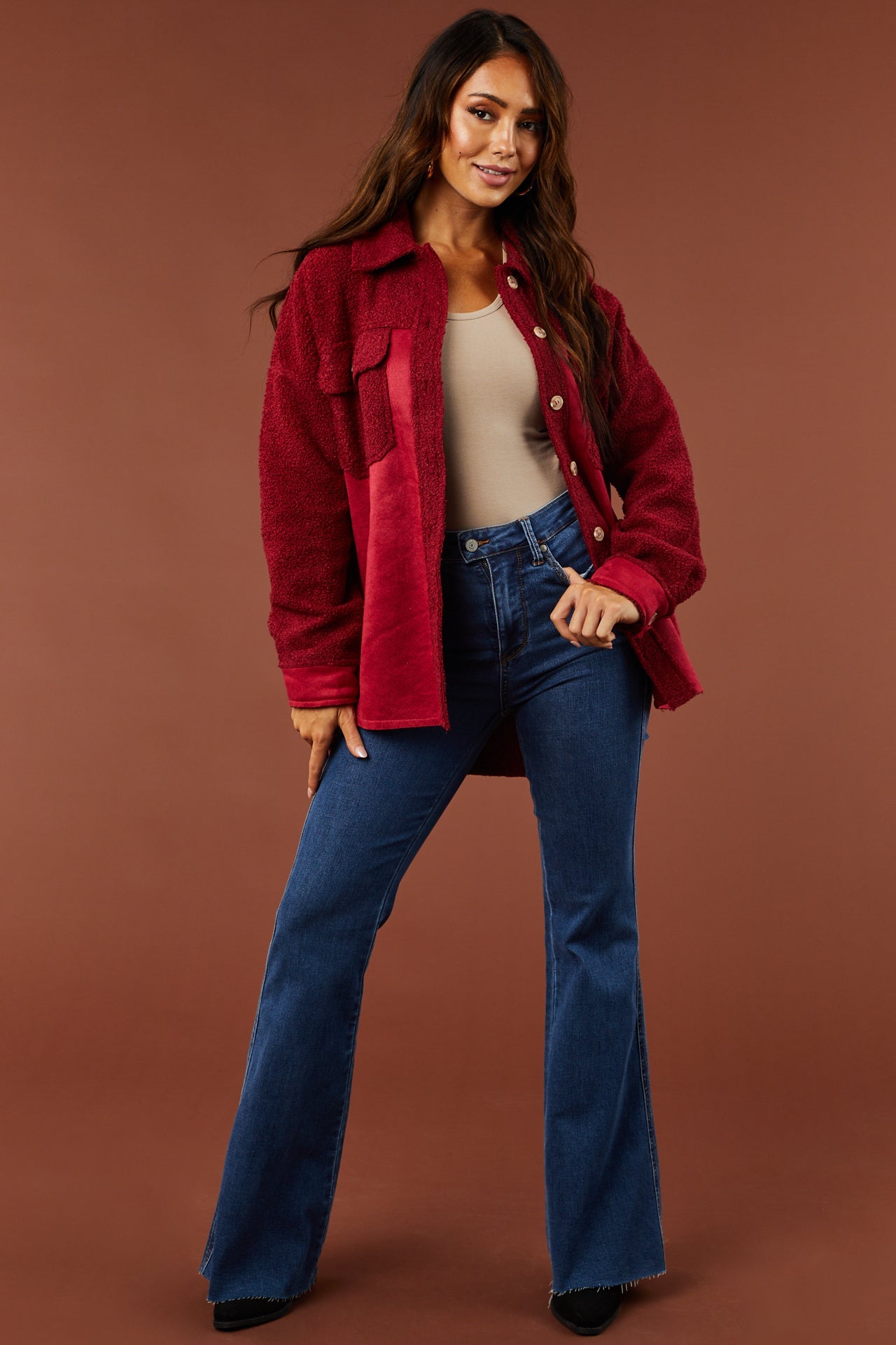 Burgundy Sueded and Sherpa Button Down Shacket