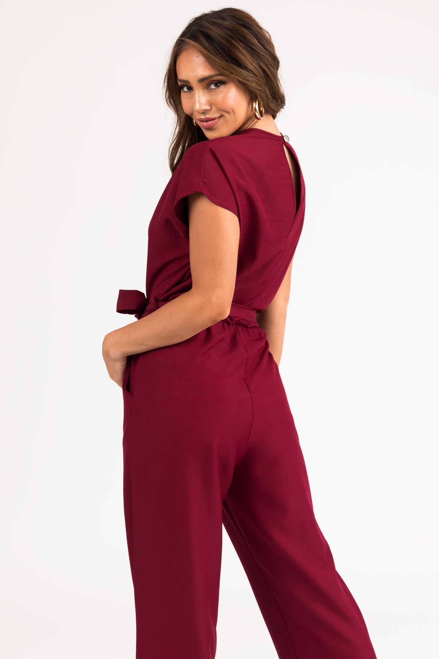 Burgundy Tie Waist Wide Leg Jumpsuit