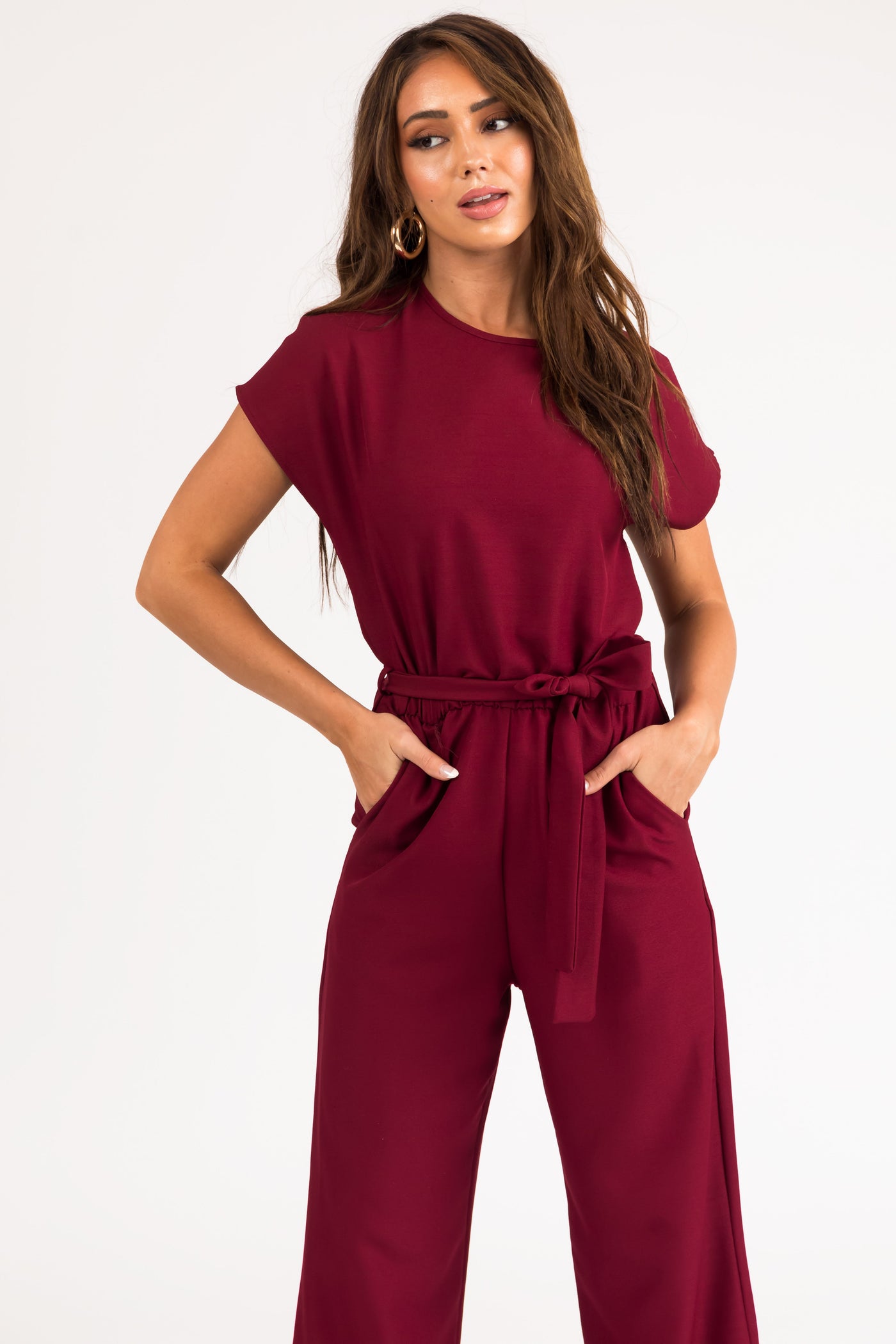 Burgundy Tie Waist Wide Leg Jumpsuit