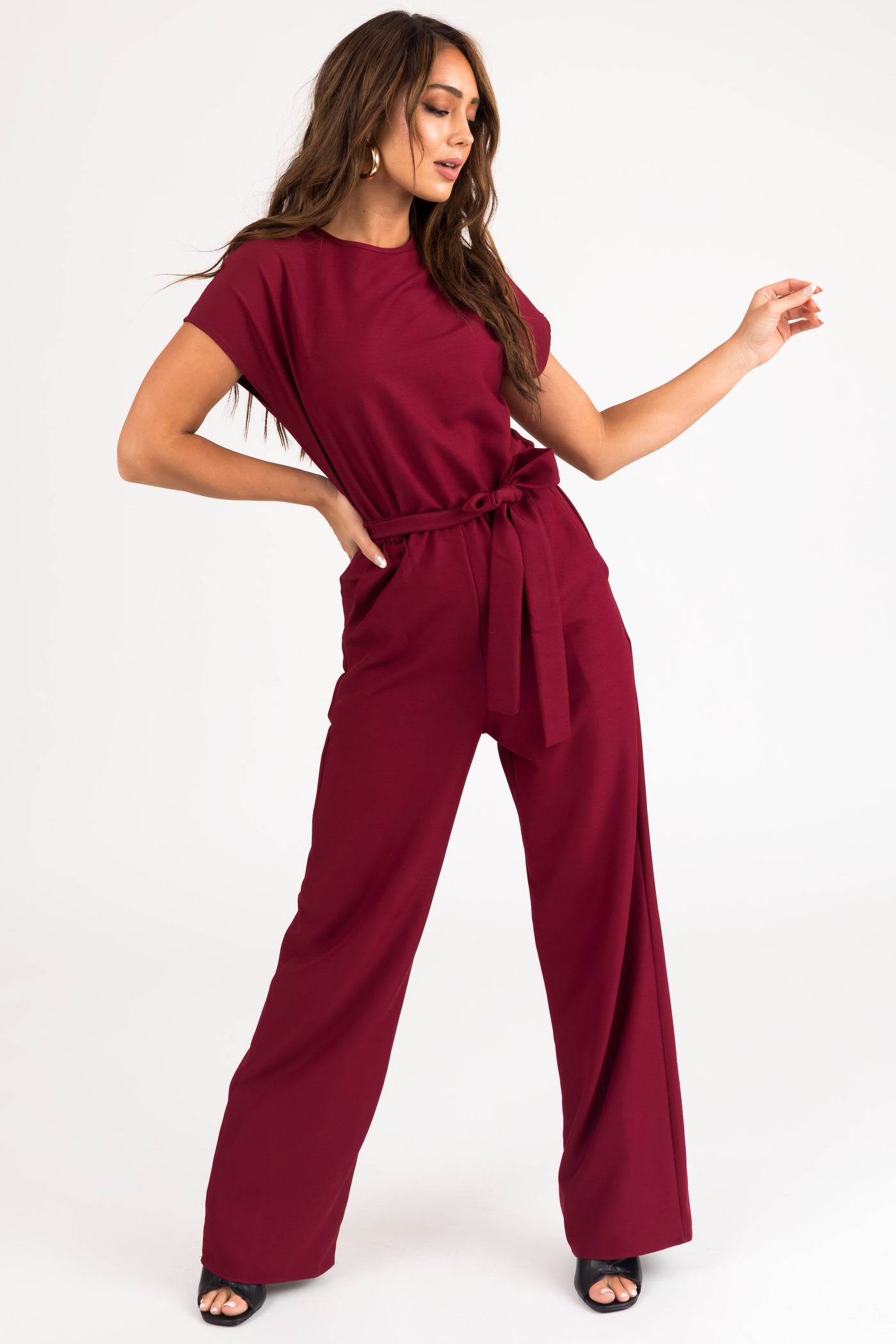 Burgundy Tie Waist Wide Leg Jumpsuit