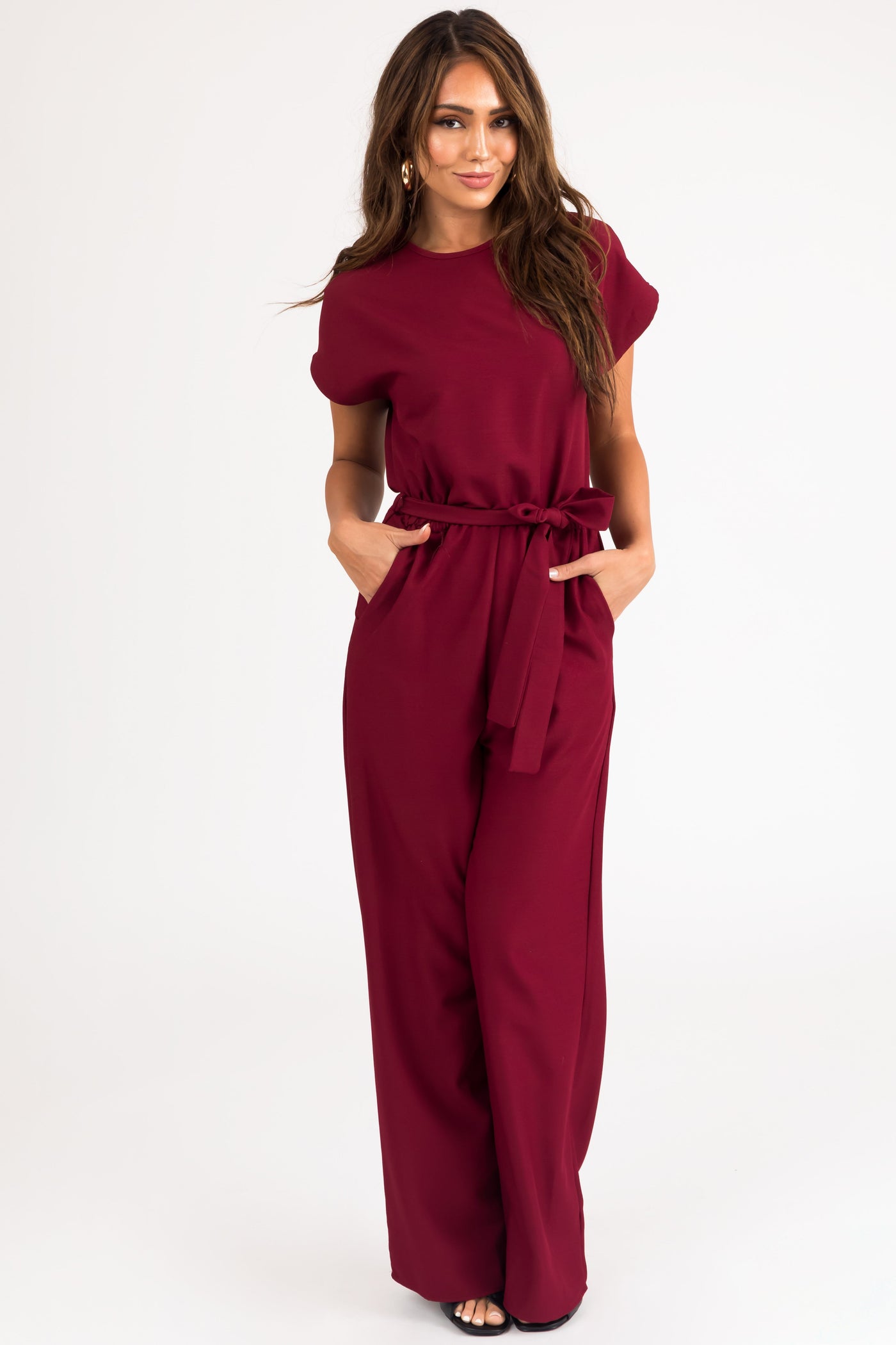 Burgundy Tie Waist Wide Leg Jumpsuit
