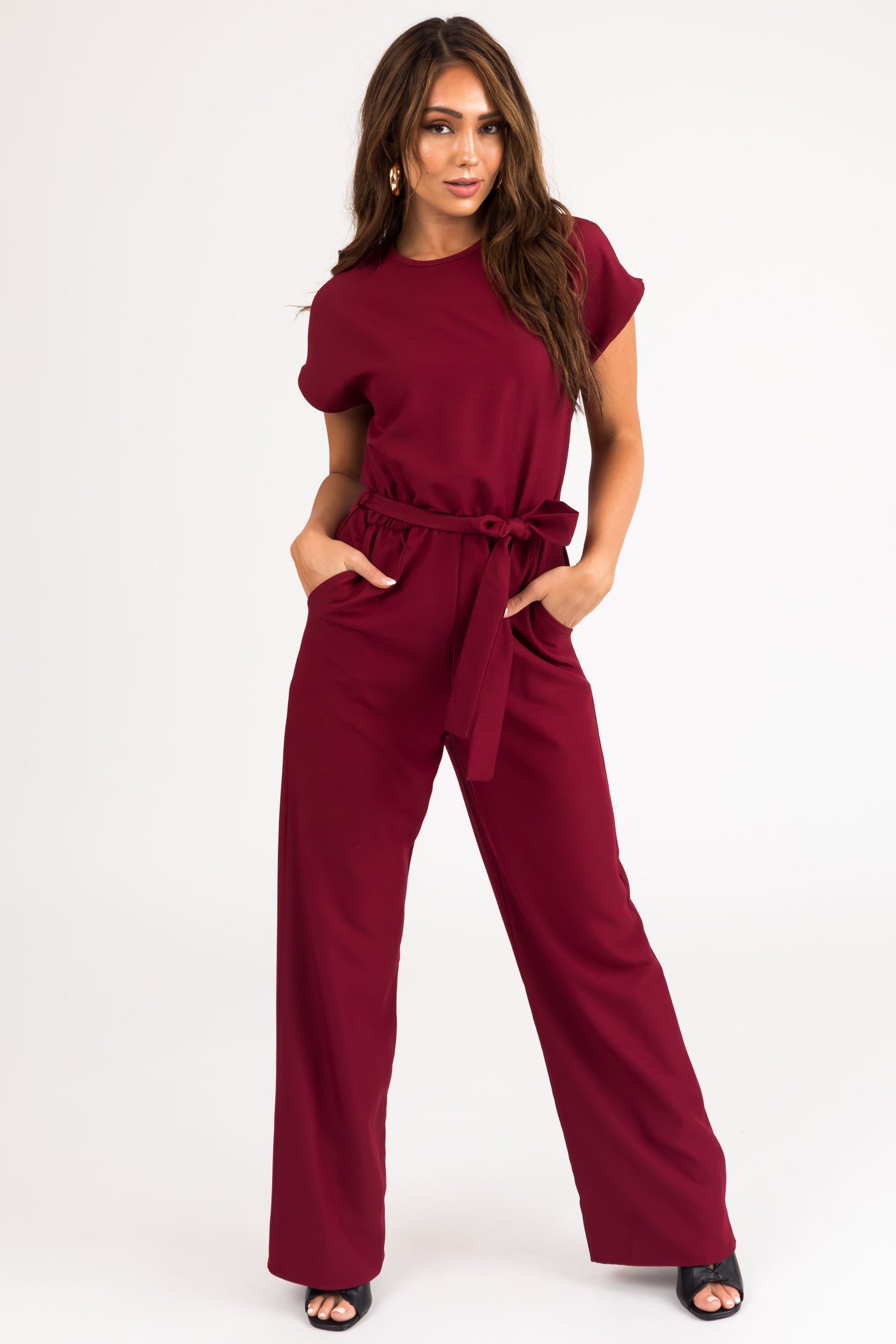 Burgundy Tie Waist Wide Leg Jumpsuit