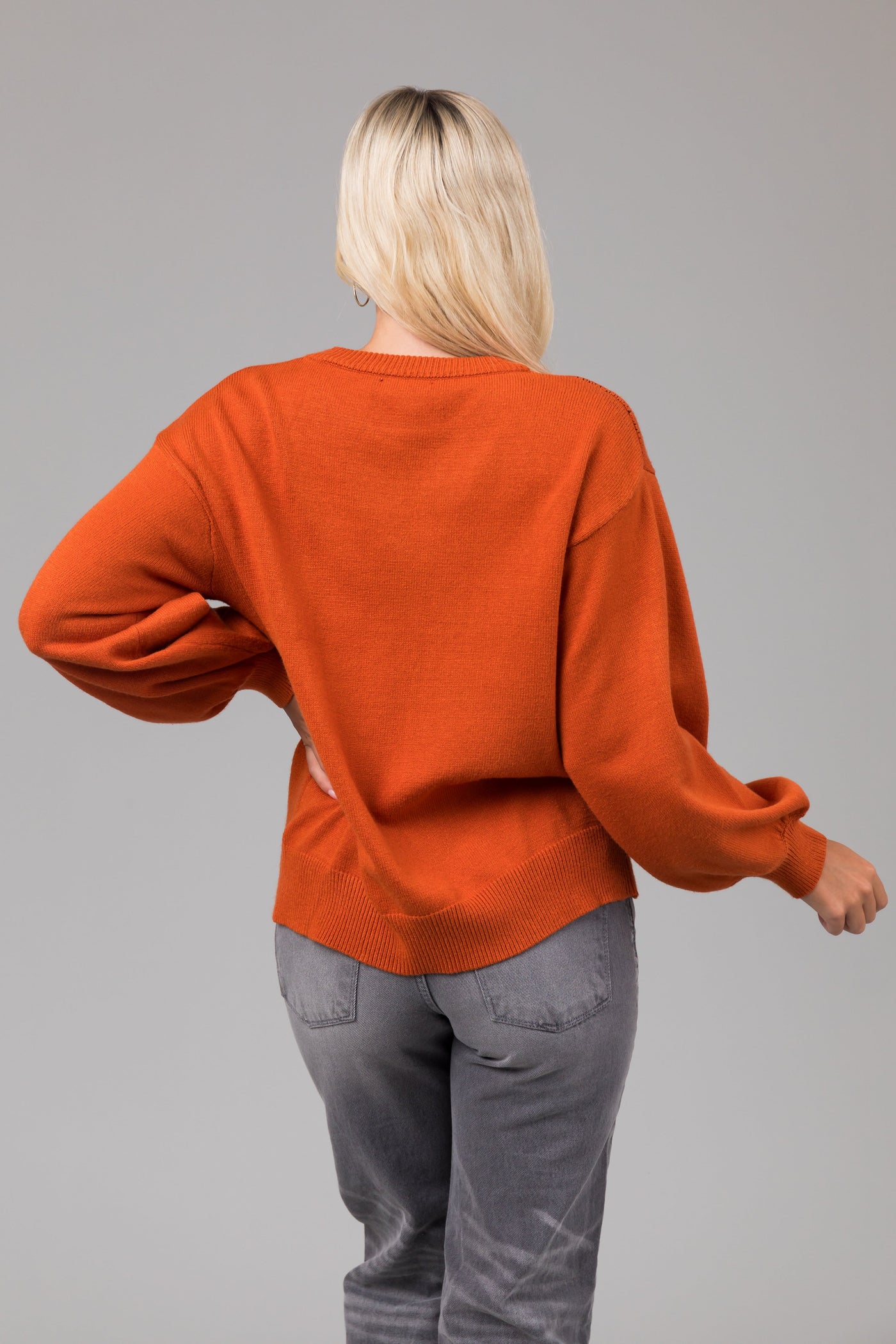 Burnt Orange Pumpkin Face Crew Neck Knit Sweater