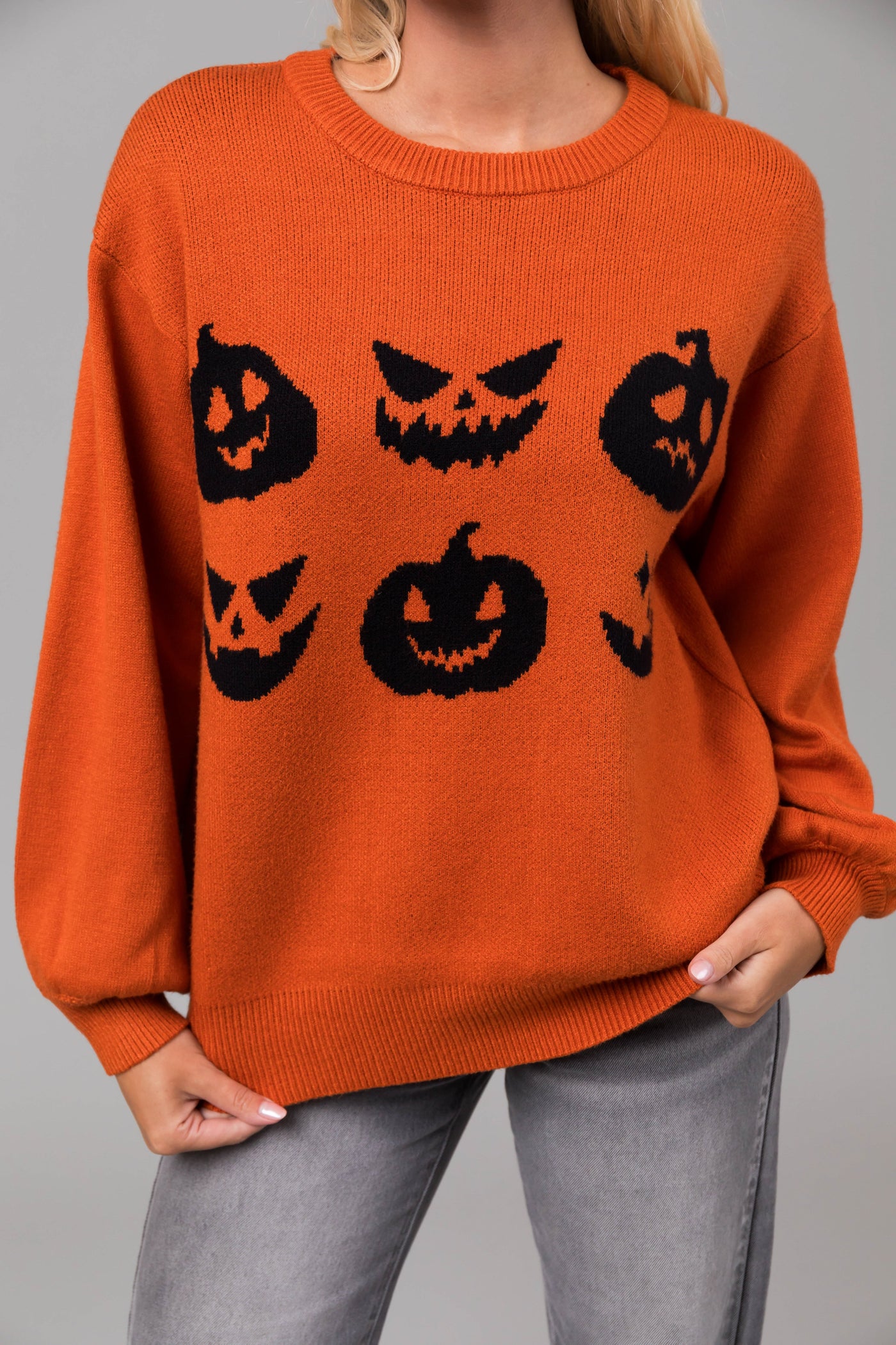 Burnt Orange Pumpkin Face Crew Neck Knit Sweater
