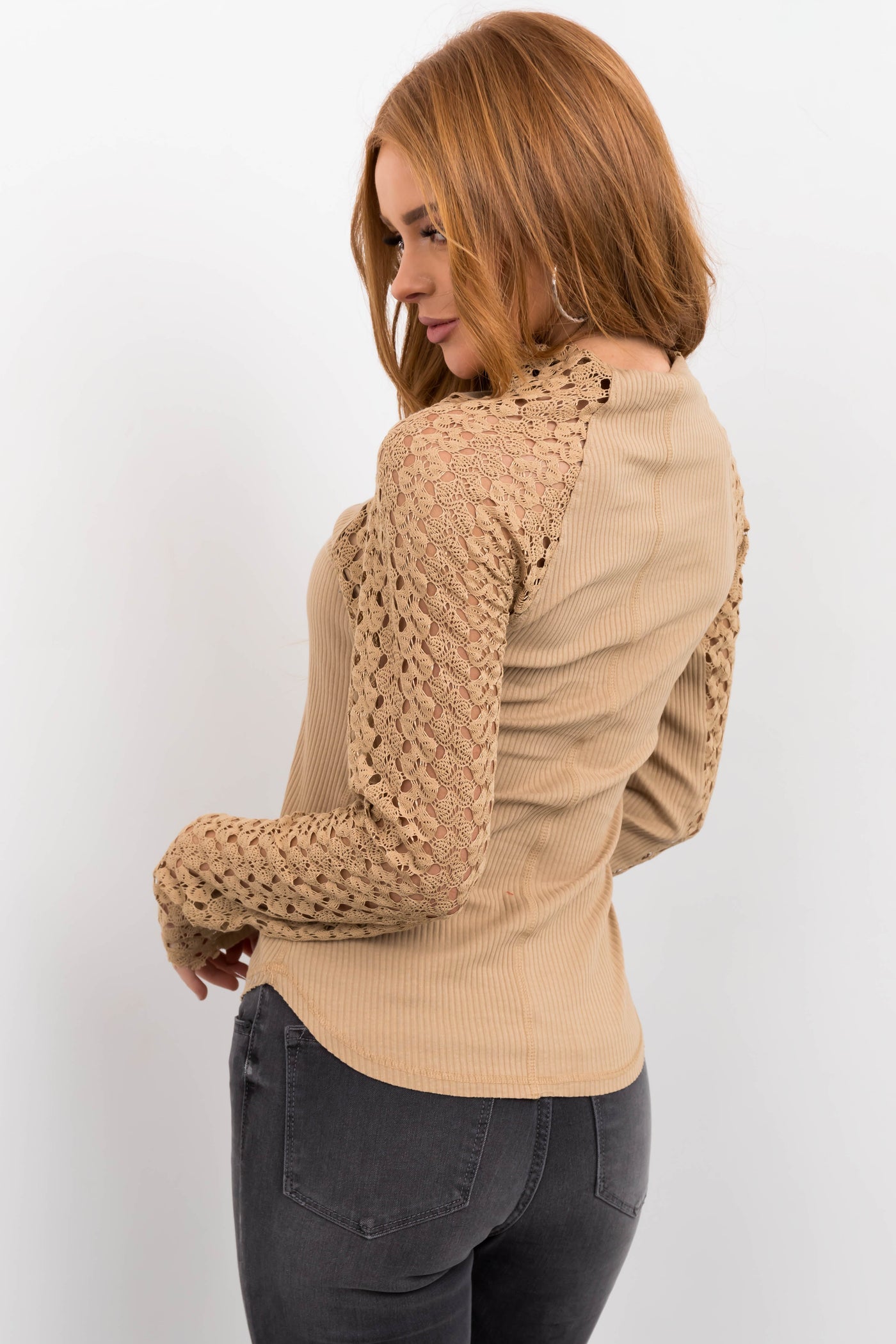 Camel Crochet Lace Long Sleeve Ribbed Top