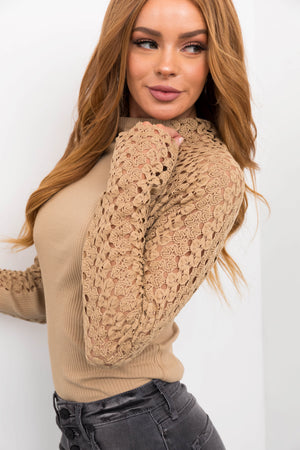 Camel Crochet Lace Long Sleeve Ribbed Top