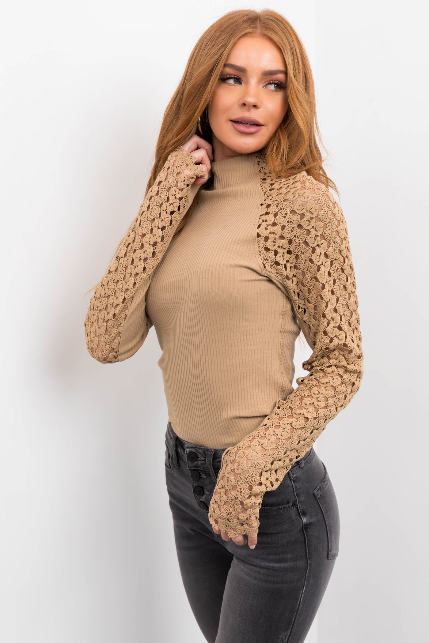 Camel Crochet Lace Long Sleeve Ribbed Top