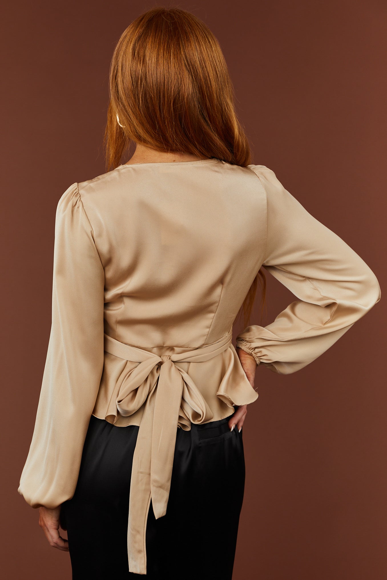 Camel Long Sleeve Sash Tie Satin Peplum Blouse