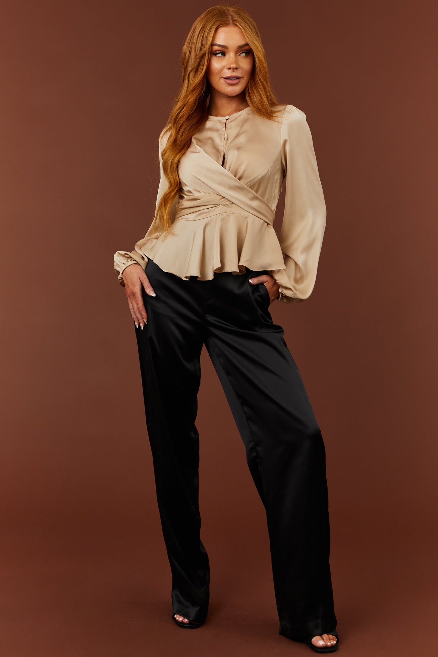 Camel Long Sleeve Sash Tie Satin Peplum Blouse