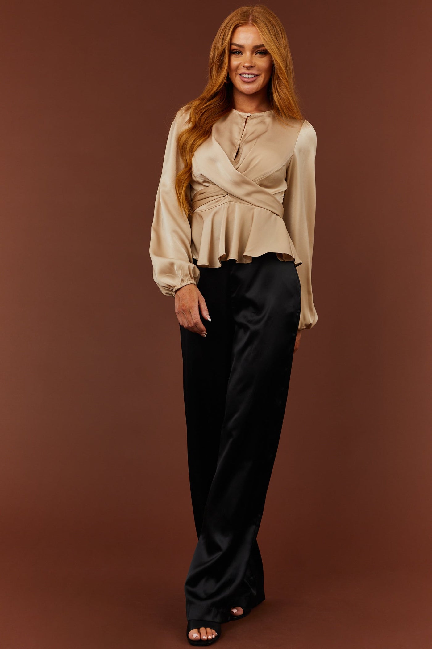 Camel Long Sleeve Sash Tie Satin Peplum Blouse