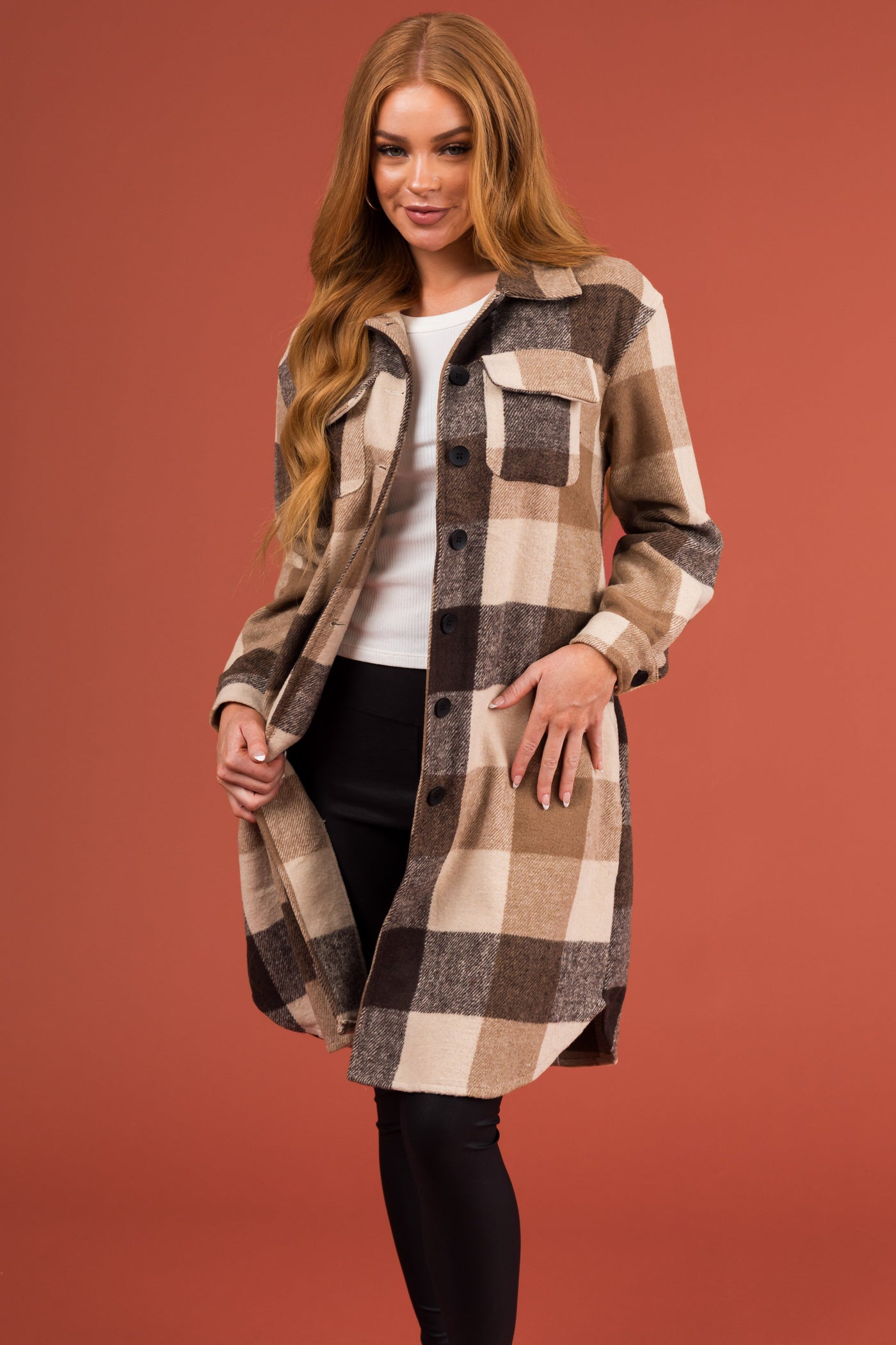 Camel Plaid Button Down Long Shacket