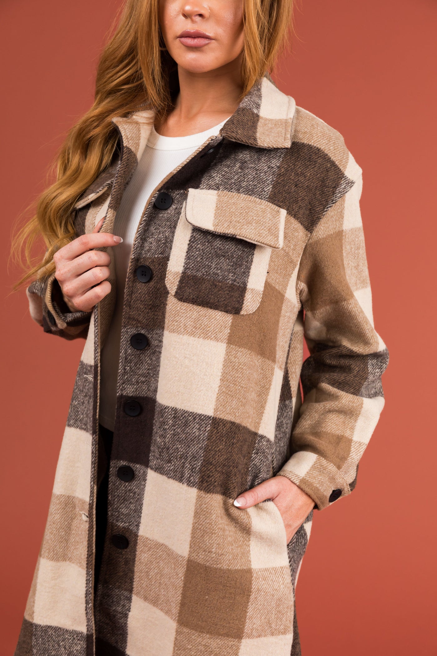 Camel Plaid Button Down Long Shacket