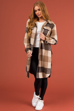 Camel Plaid Button Down Long Shacket