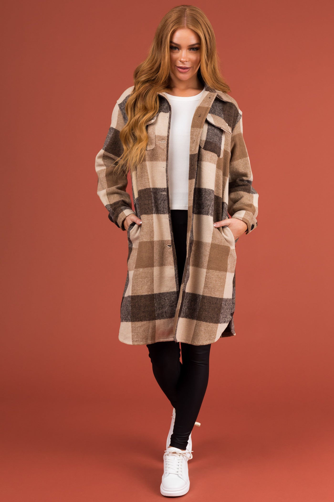 Camel Plaid Button Down Long Shacket