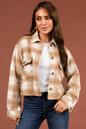 Camel Plaid Soft Fleece Cropped Shirt Jacket