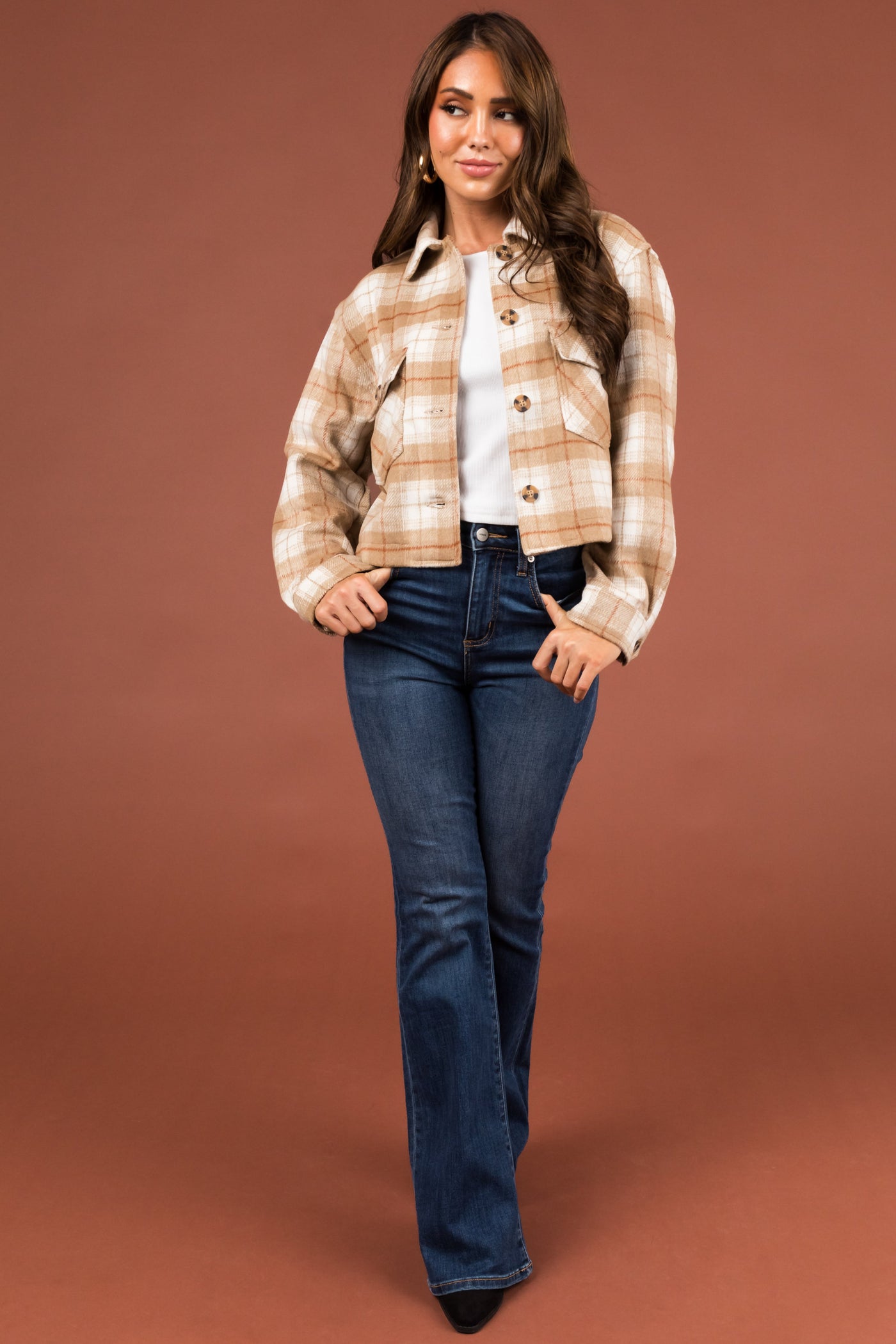 Camel Plaid Soft Fleece Cropped Shirt Jacket