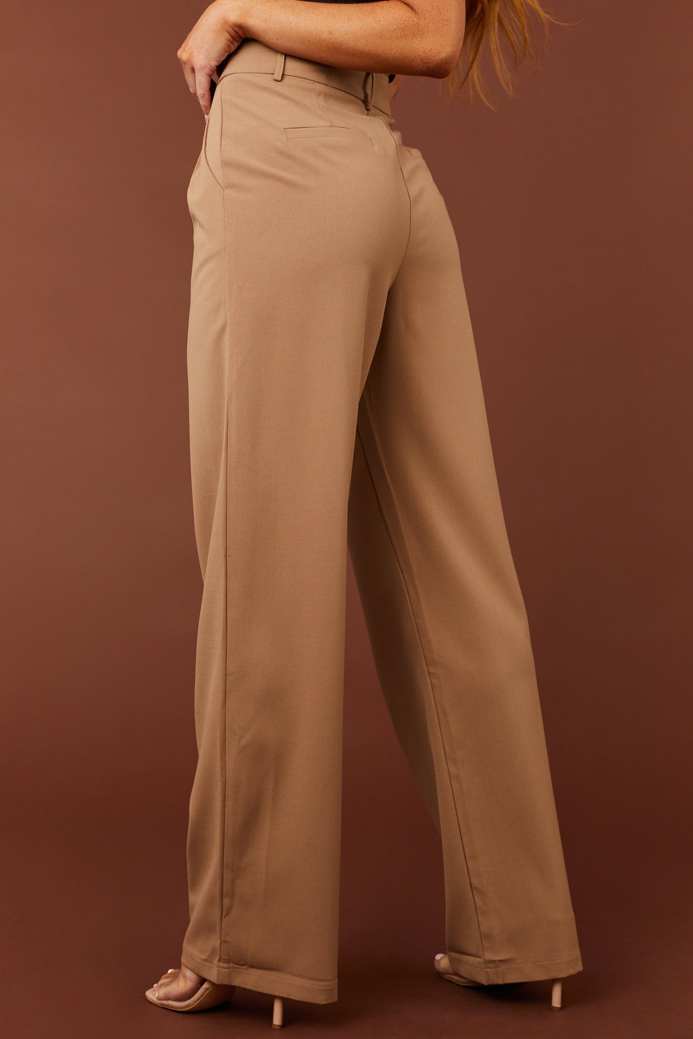 Camel Pleated Wide Leg Twill Pants