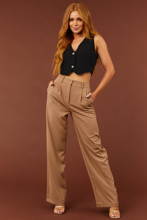 Camel Pleated Wide Leg Twill Pants