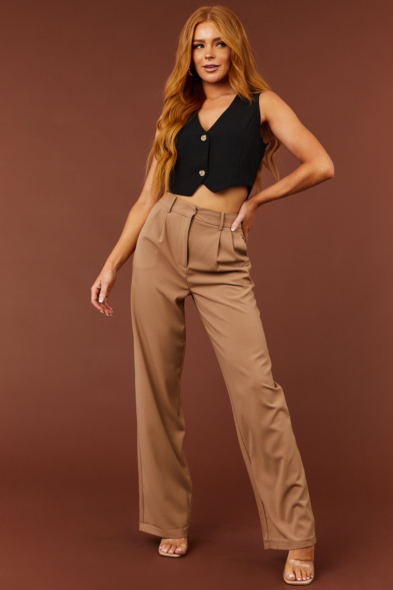 Camel Pleated Wide Leg Twill Pants