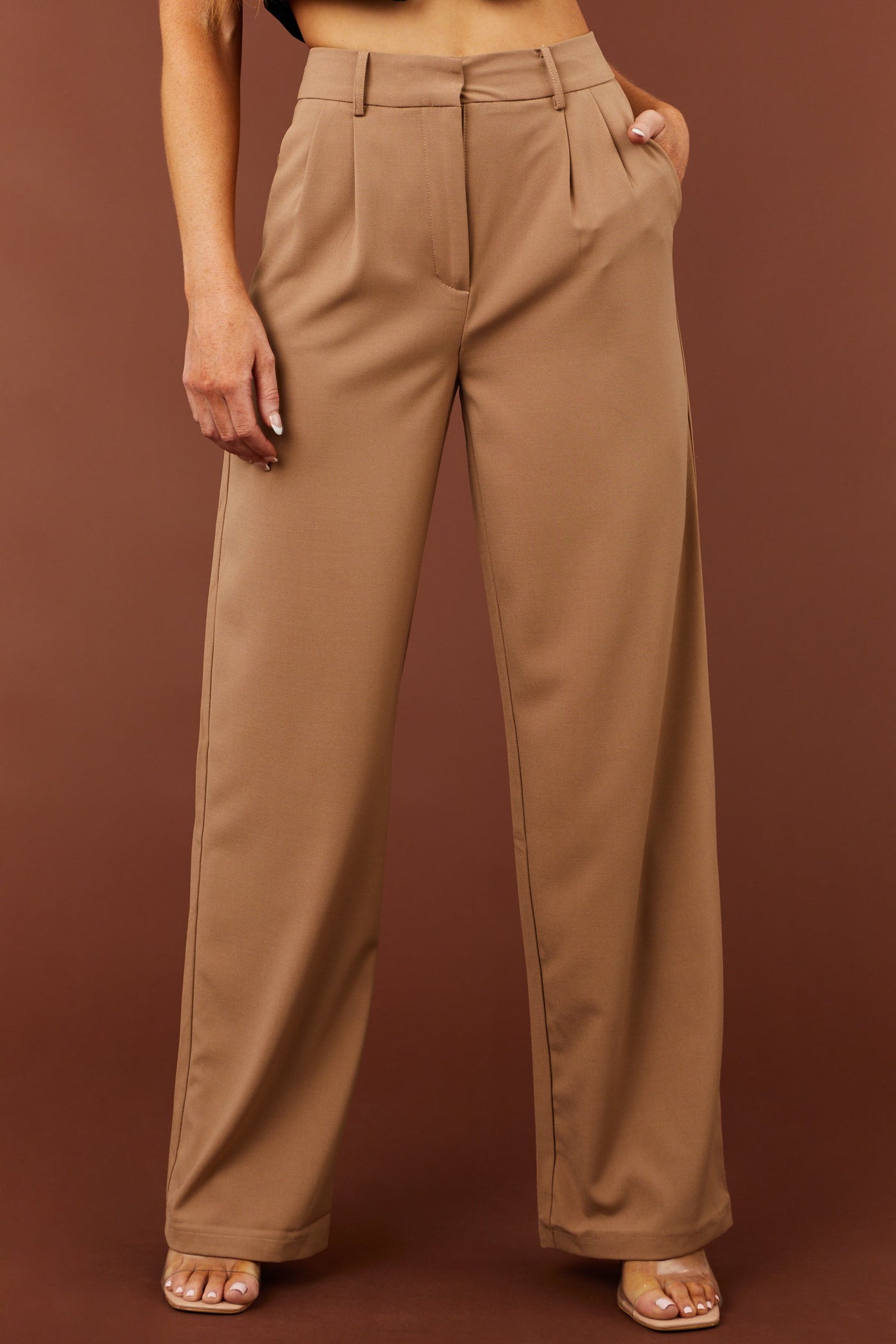 Camel Pleated Wide Leg Twill Pants