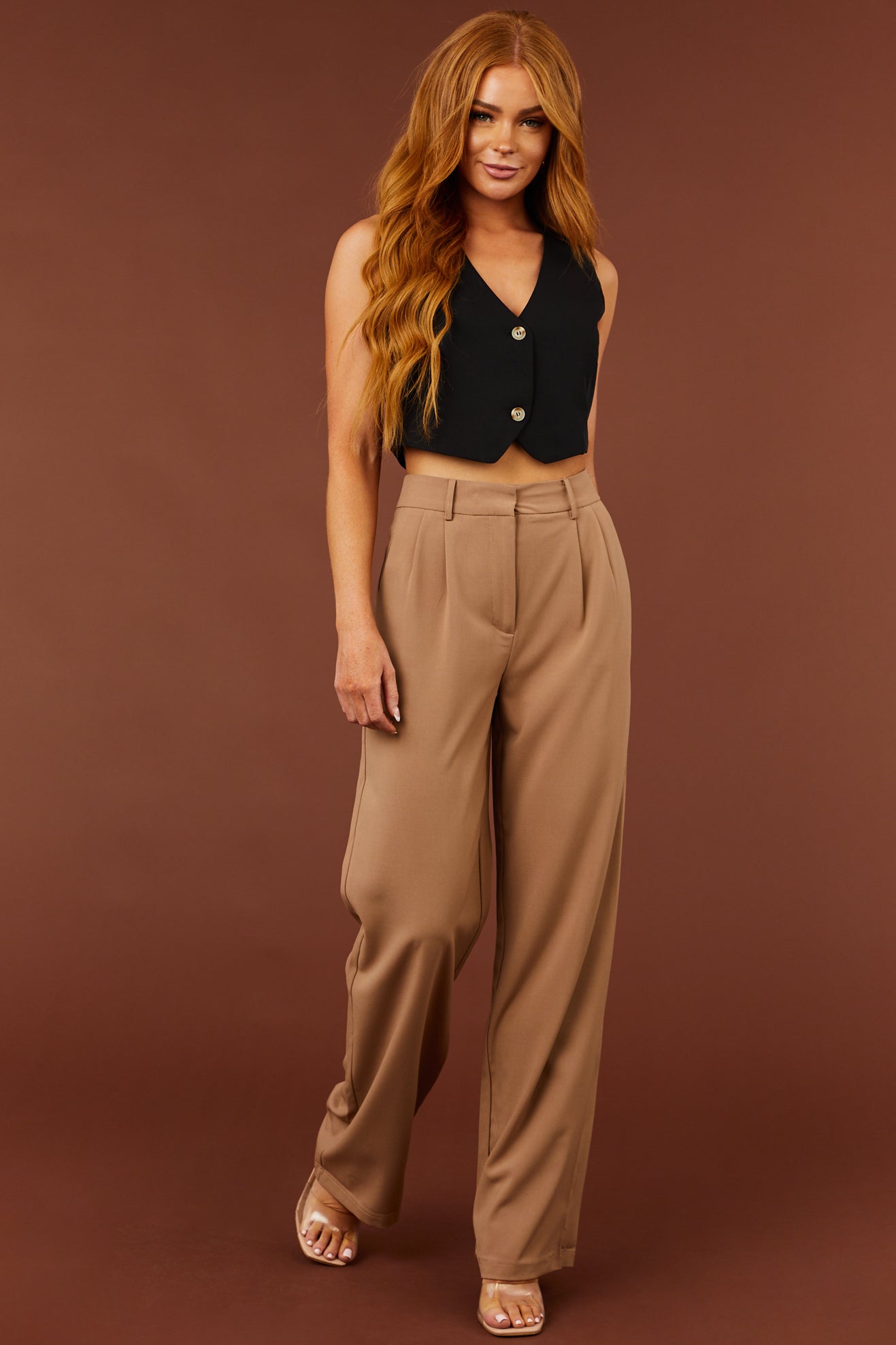 Camel Pleated Wide Leg Twill Pants