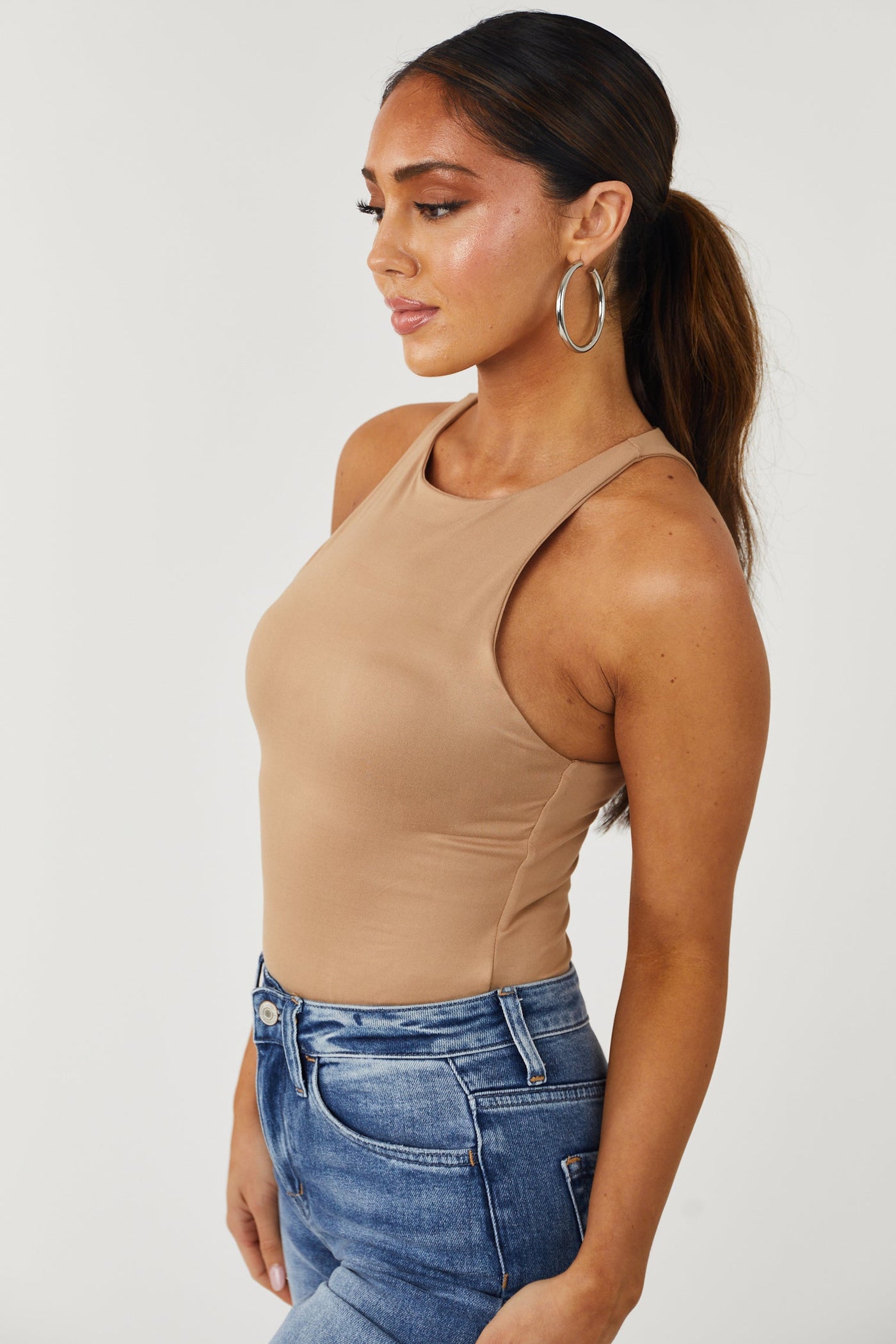 Camel Soft Brushed Knit Sleeveless Bodysuit