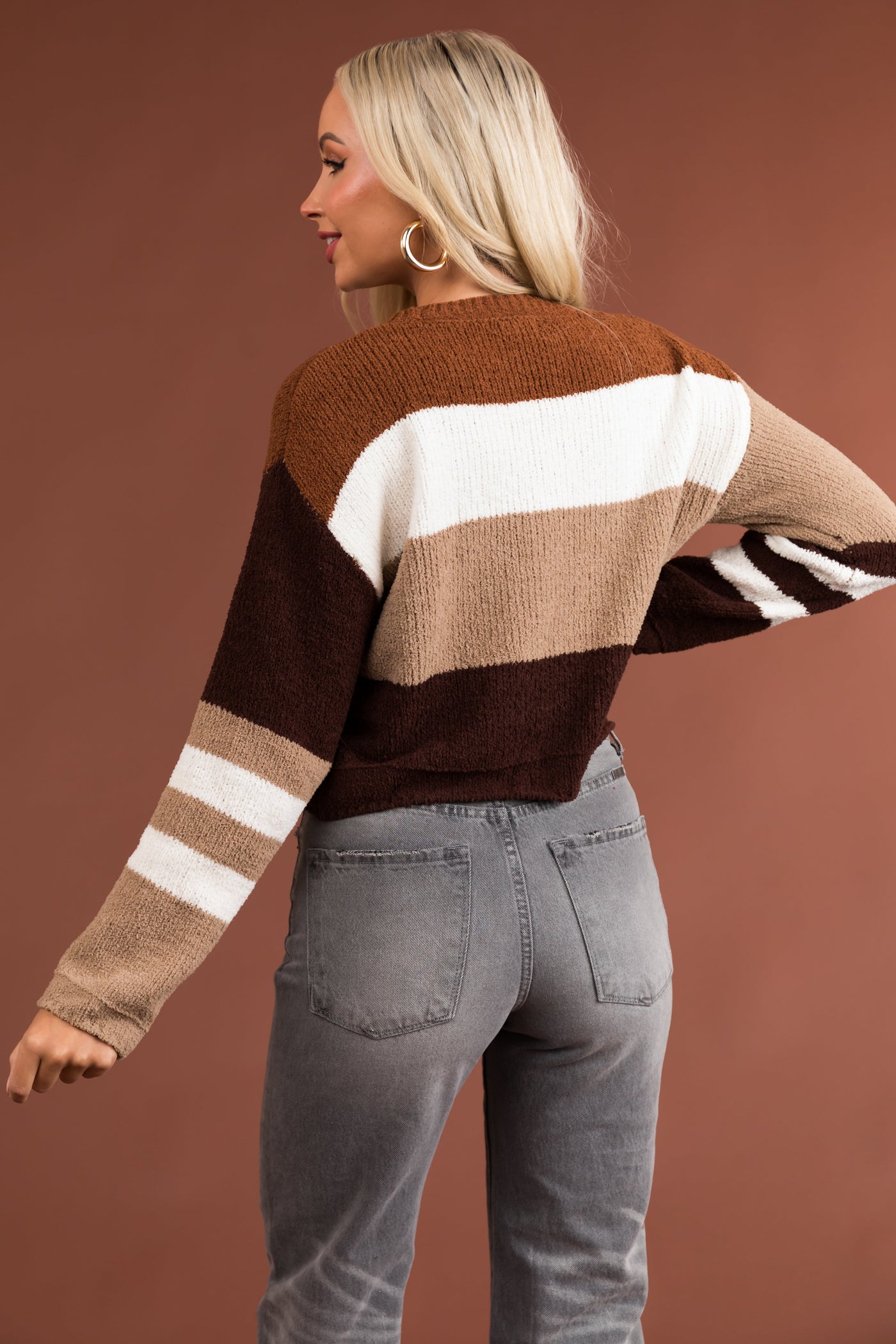 Camel Stripped Long Sleeve Soft Knit Sweater