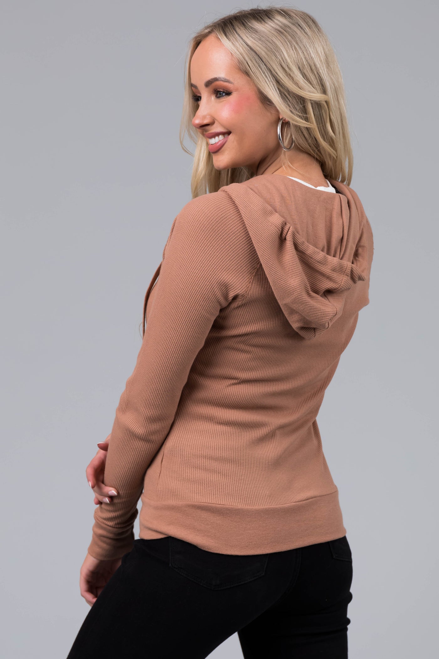 Camel Thermal Knit Zip Up Slim Fit Hoodie