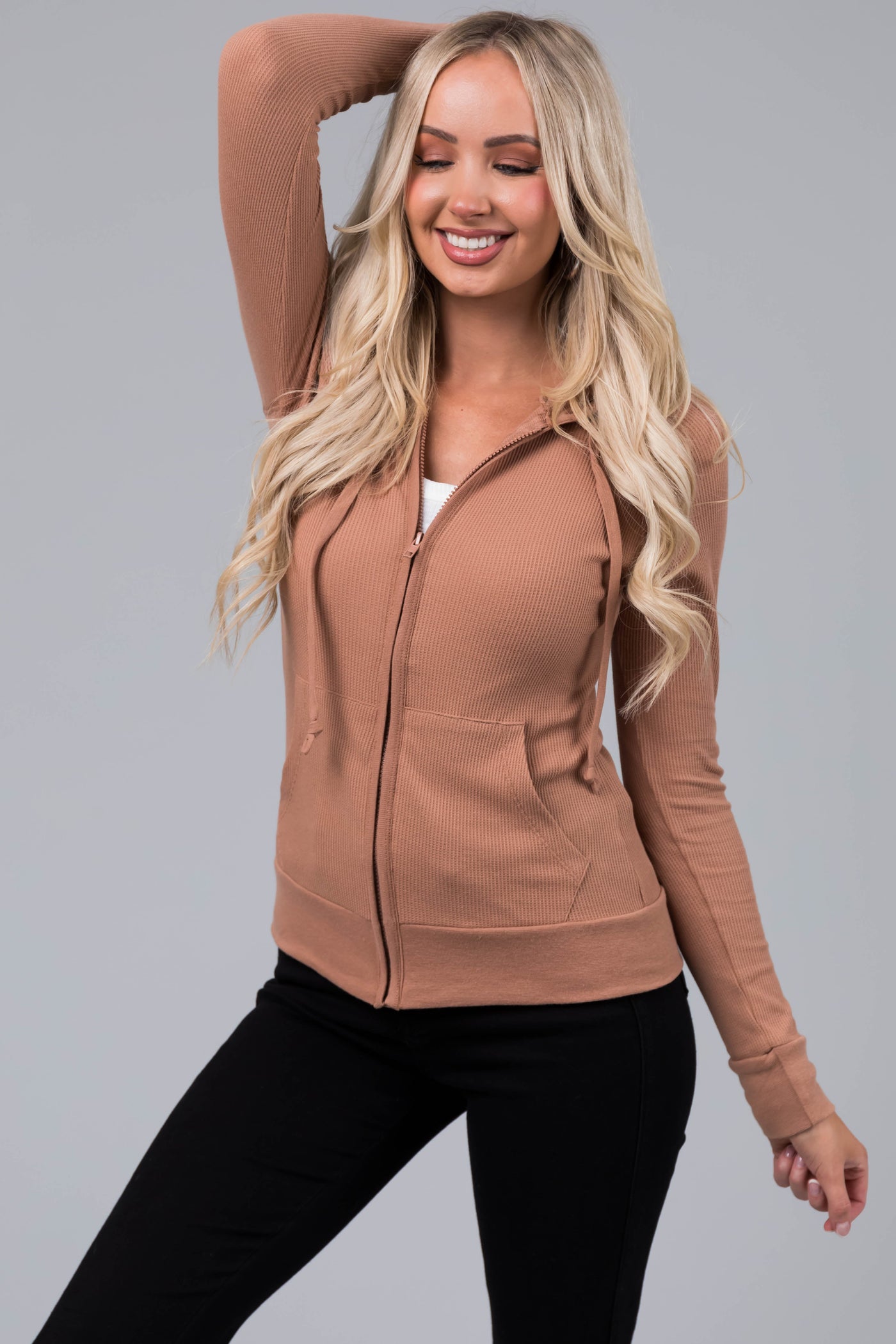 Camel Thermal Knit Zip Up Slim Fit Hoodie