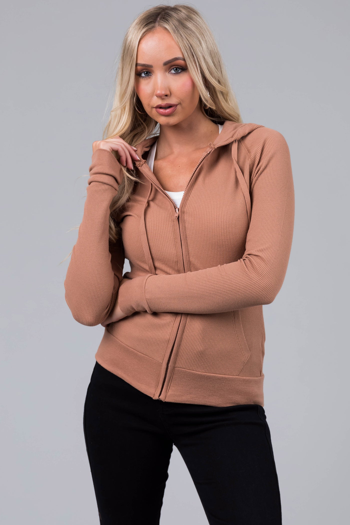 Camel Thermal Knit Zip Up Slim Fit Hoodie