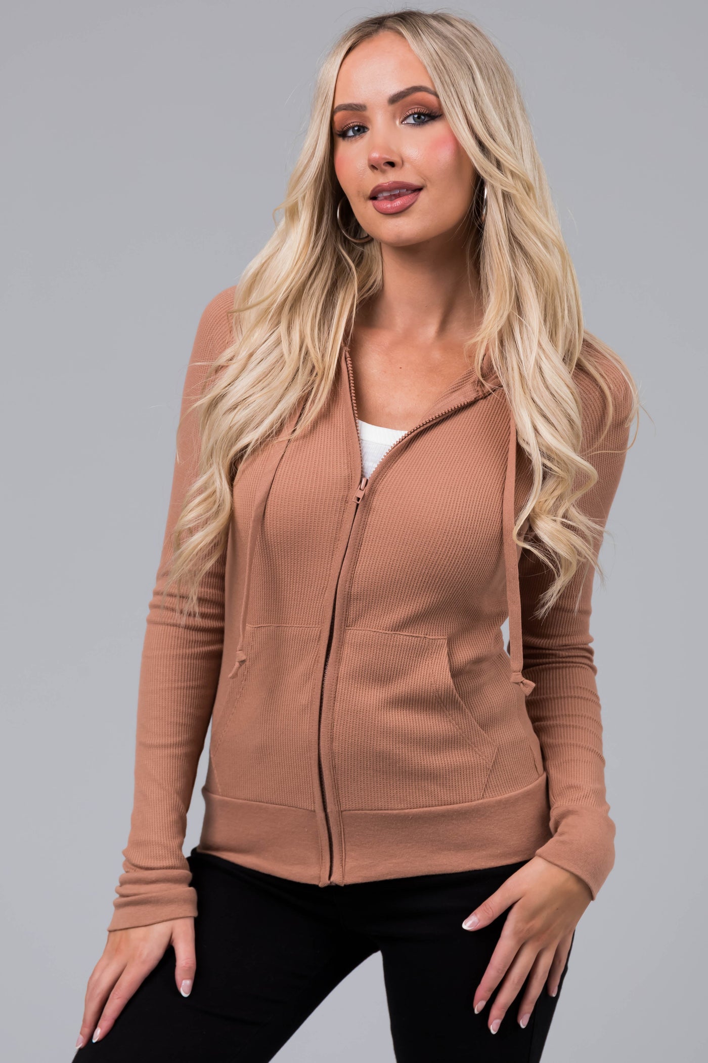 Camel Thermal Knit Zip Up Slim Fit Hoodie