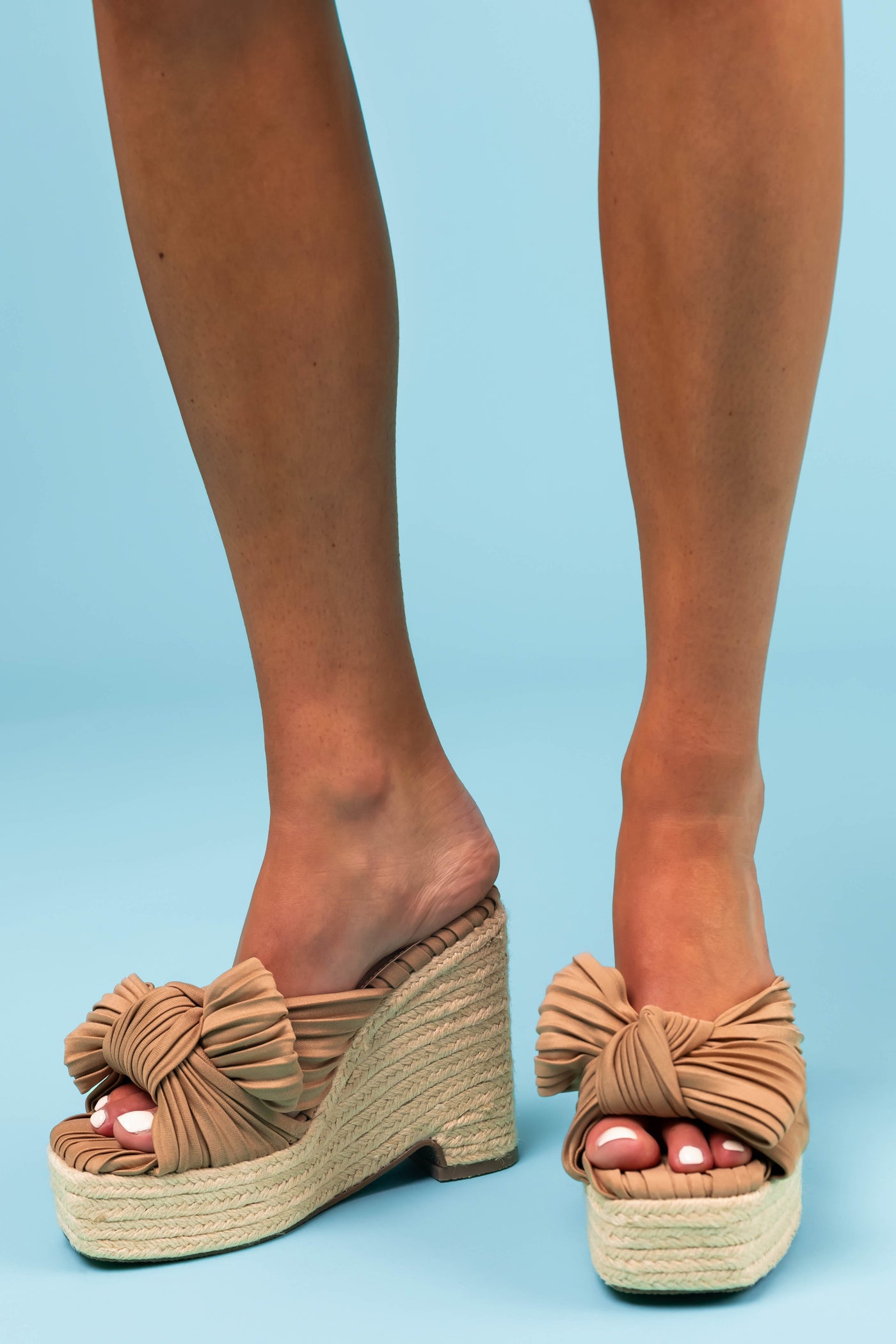 Camel Front Bow Espadrille Platform Wedges